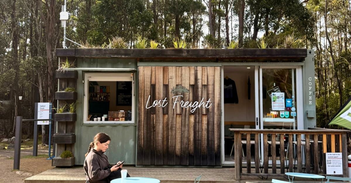 Shipping container cafe in bushland with outdoor seating called Lost Freight