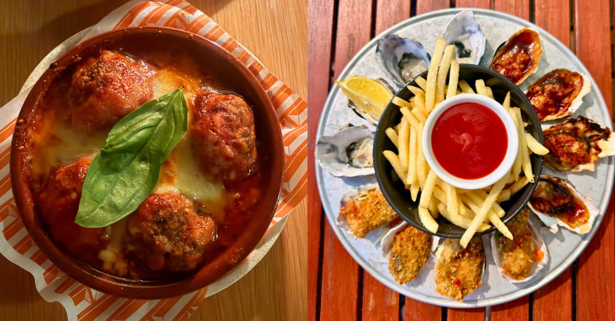 Round bowl of meatballs and bowl of oysters with fries