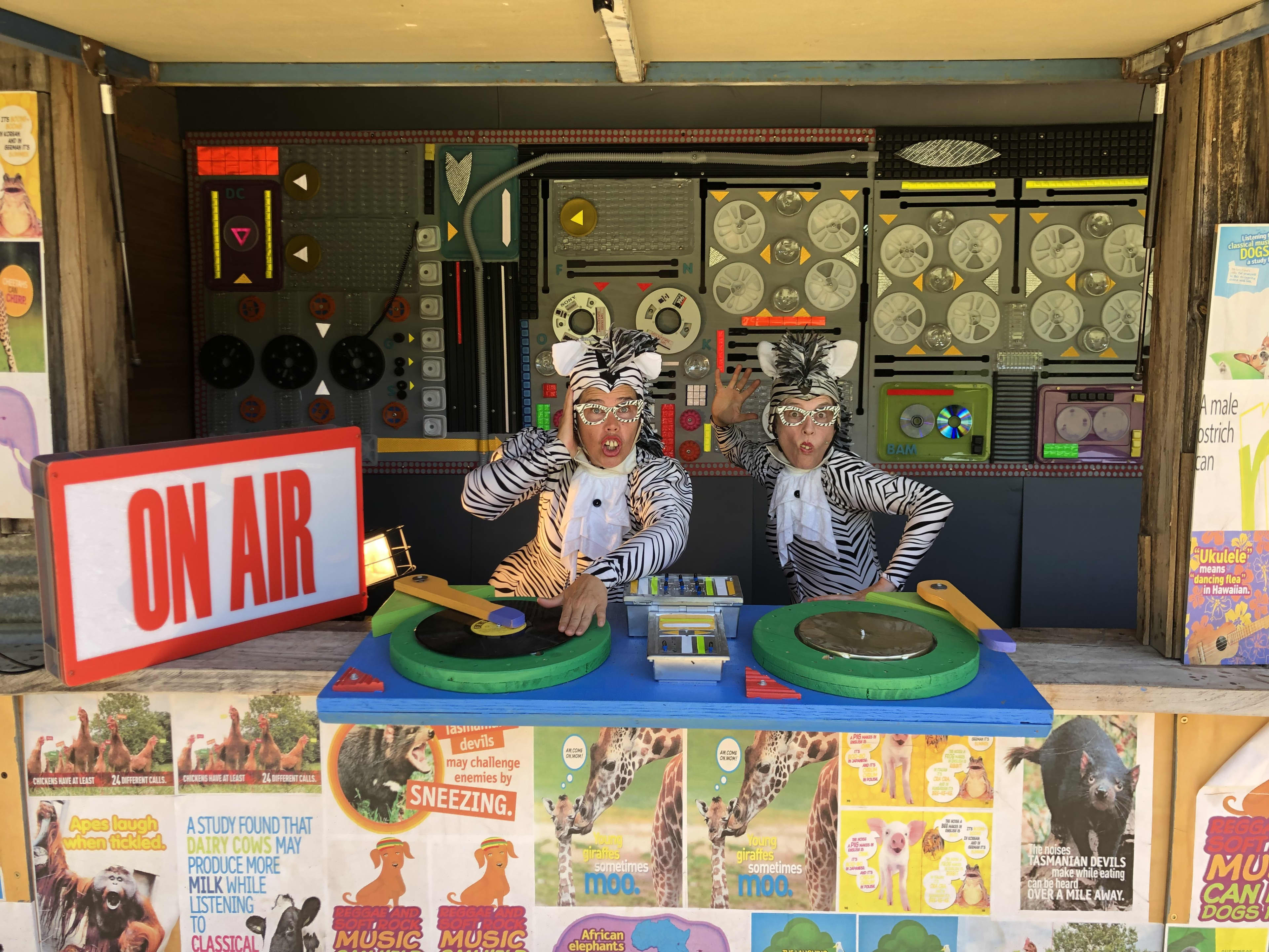 Booth with two people inside it dressed as zebras.