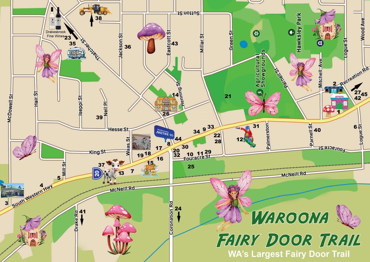 Map showing 39 locations of fairy doors along trail of town centre.