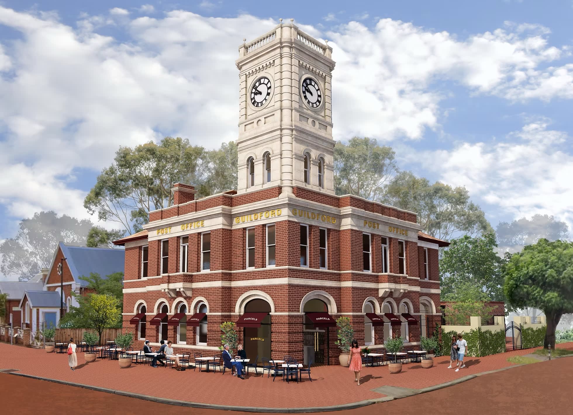 Artist render of old post office building on corner.
