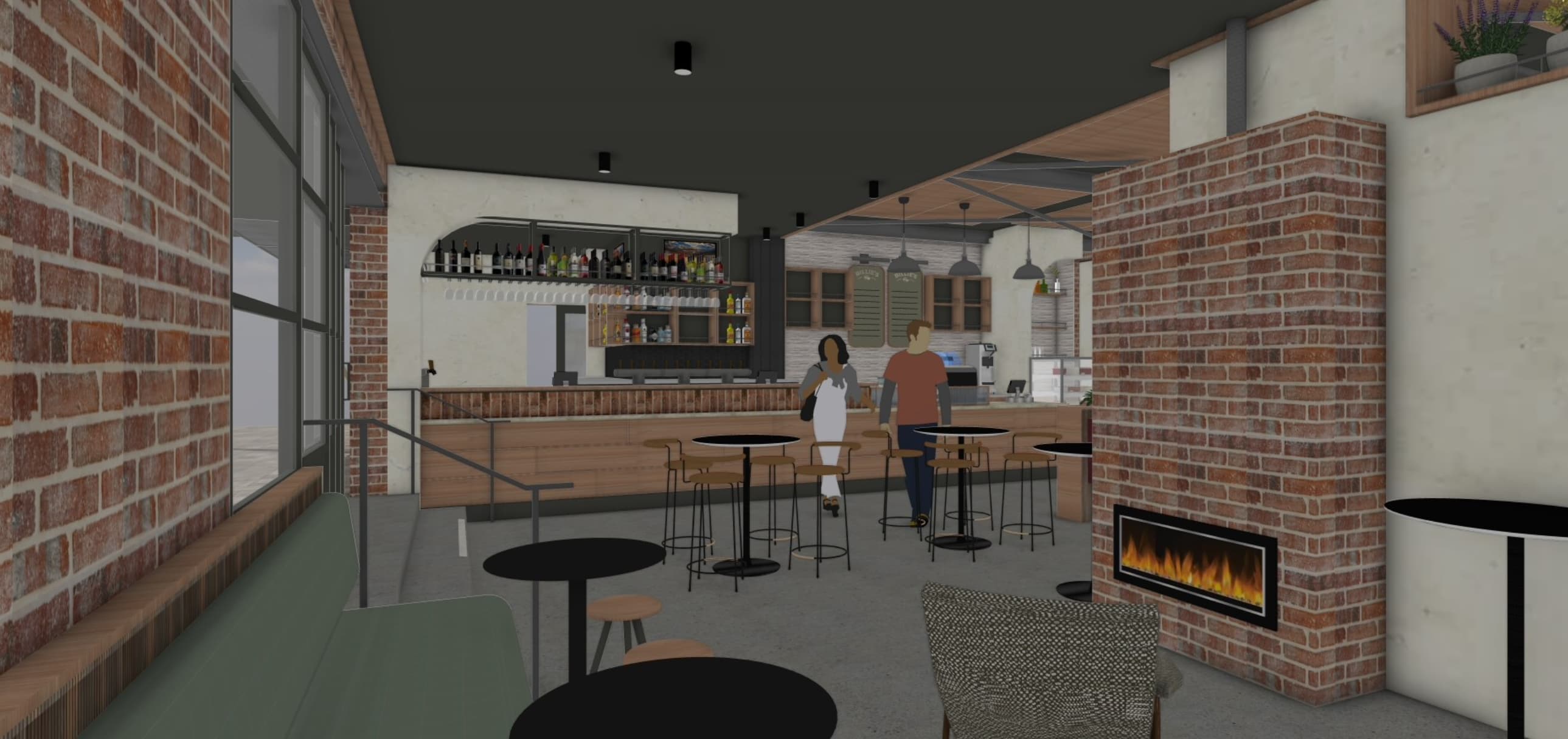 A 3D architectural rendering of a modern cafe interior. The space features black round tables with matching chairs and bar stools lined up along a wooden counter in the background.