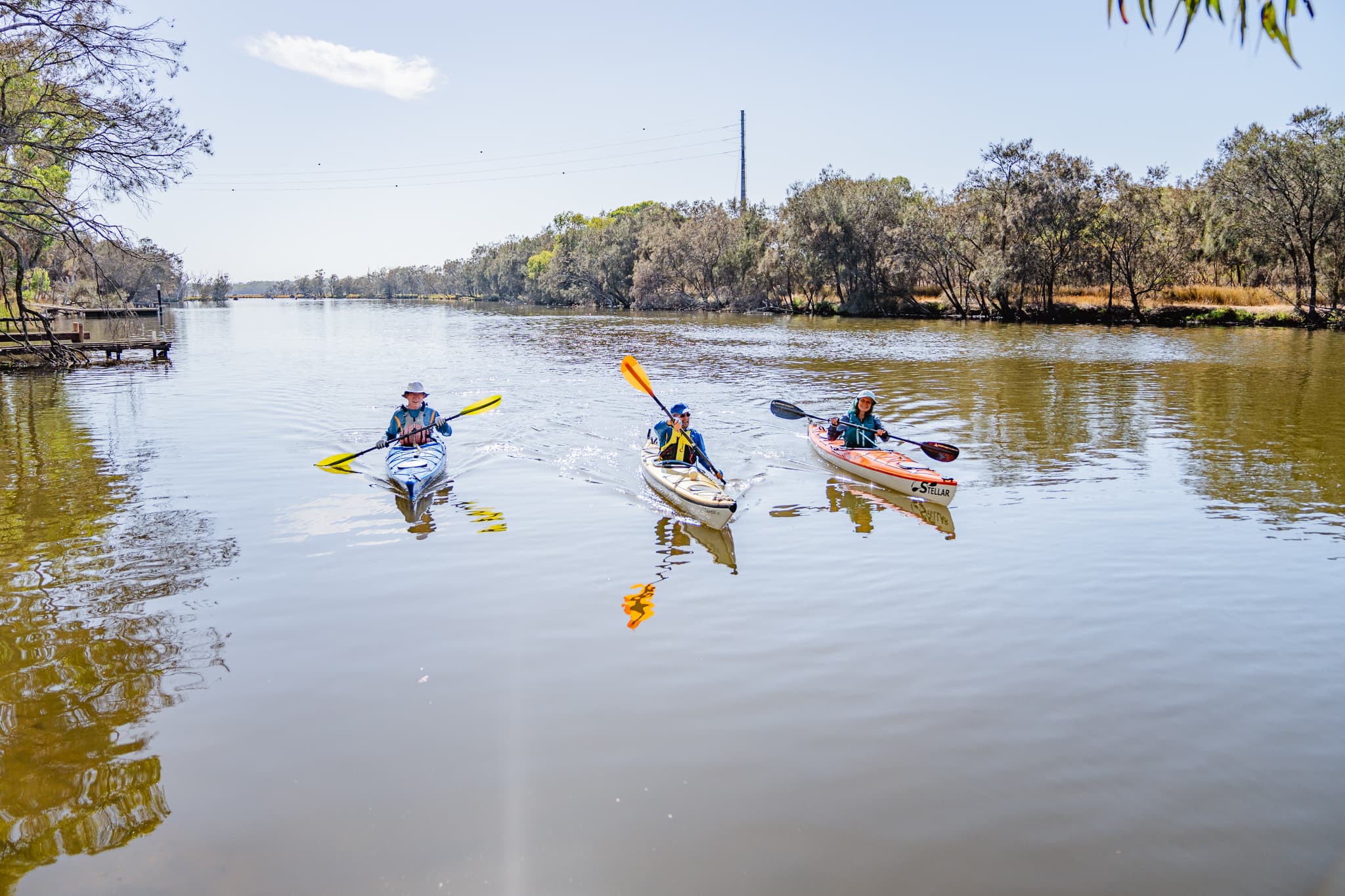 An image of three kayakers paddling along a river surrounded by bushland.