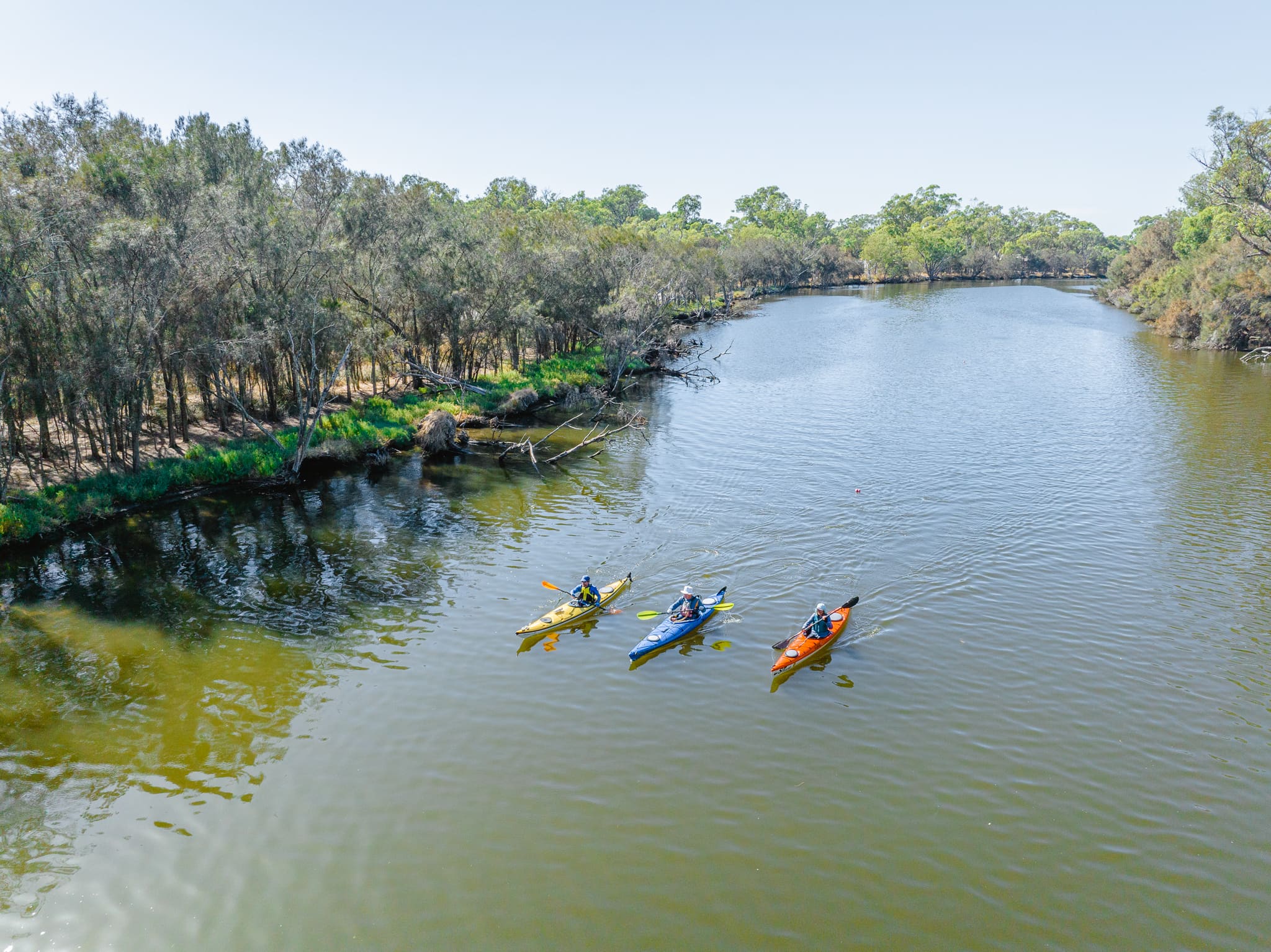 An aerial shot of 3 kayakers in a yellow, blue and orange kayak padding down a river estuary surrounded by bushland.