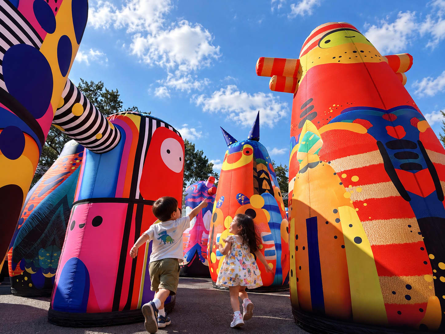Two young children running through large inflatable monster lantern artworks