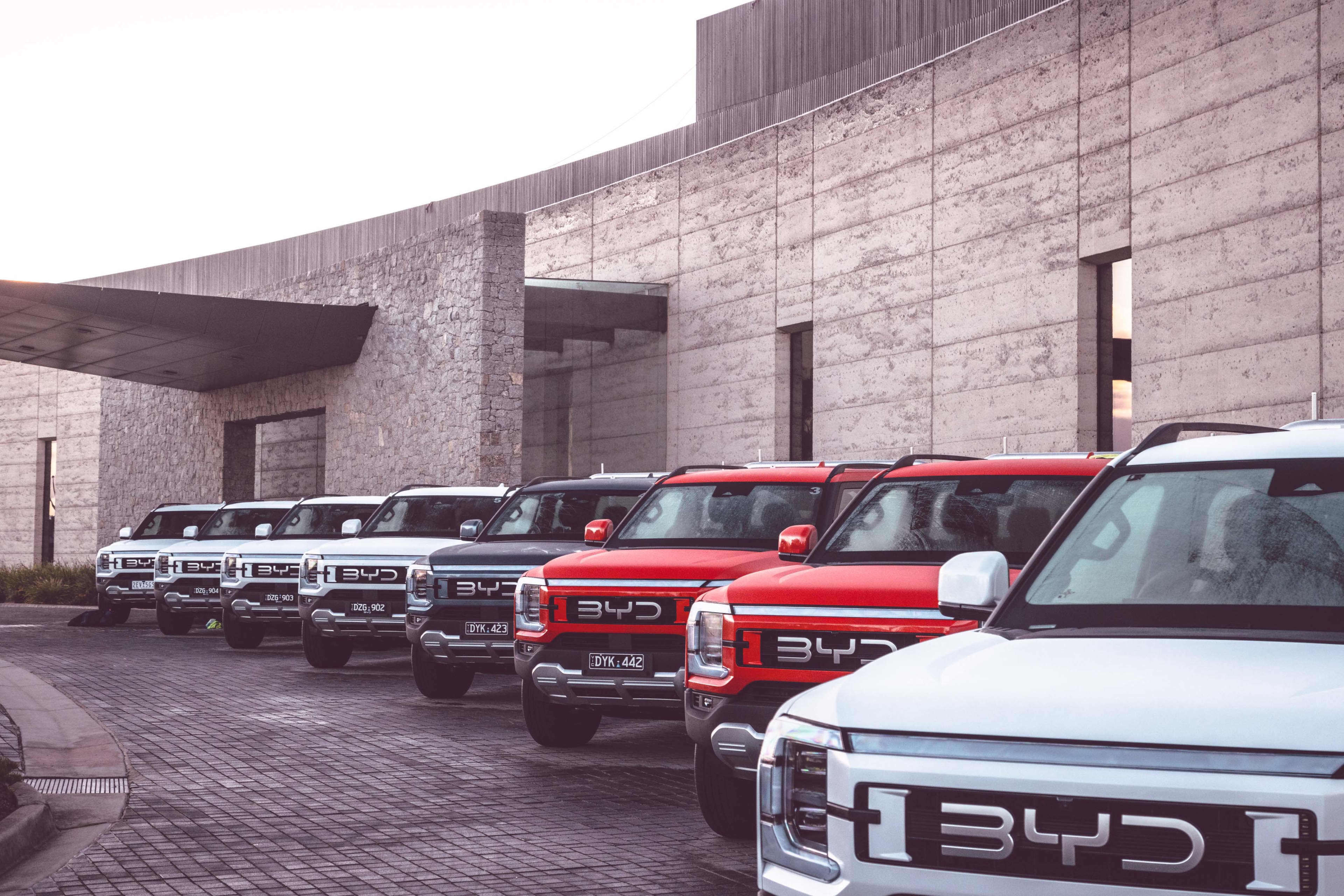 A line-up of red and white utes with BYD on the front, parked outside a brick building.