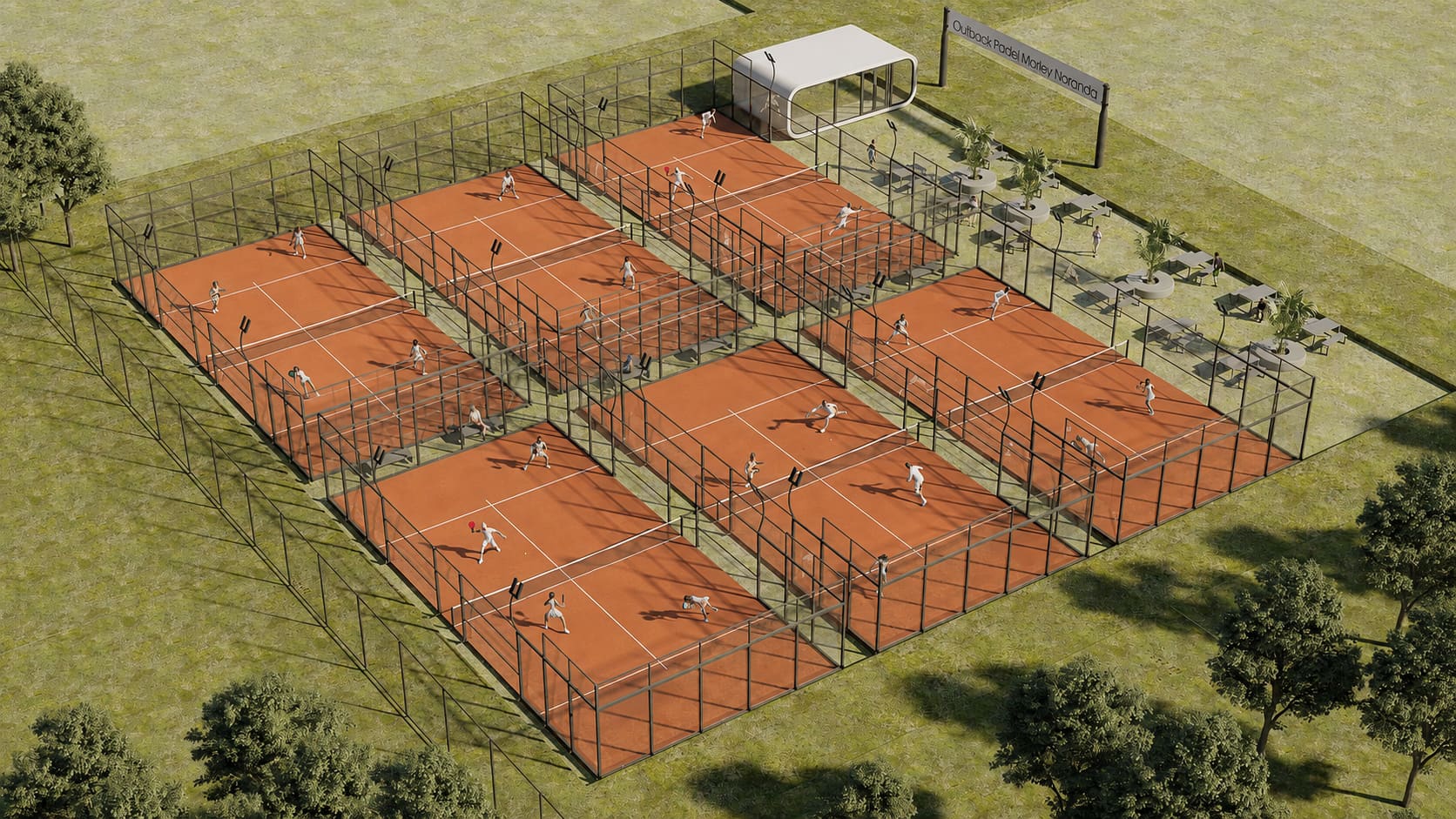 Render of six orange padel courts surrounded by green fields and trees.