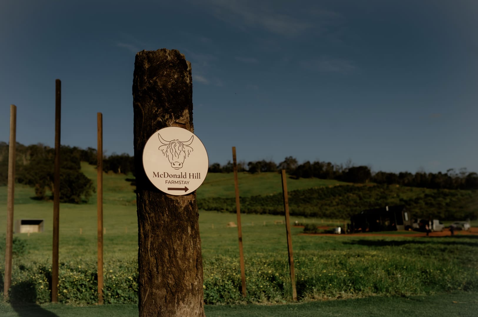 A lush green paddock with a wooden log used for a sign with a circular logo that reads "Mcdonald Hill" with a cow outline.
