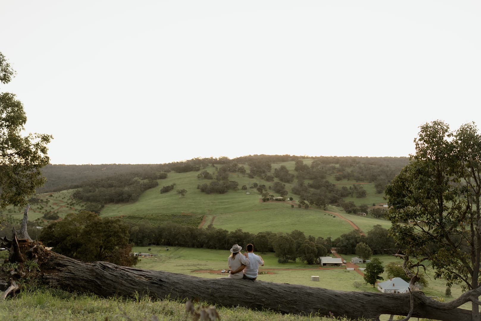 A couple sitting on a large fallen down log, overlooking lush green farmland.