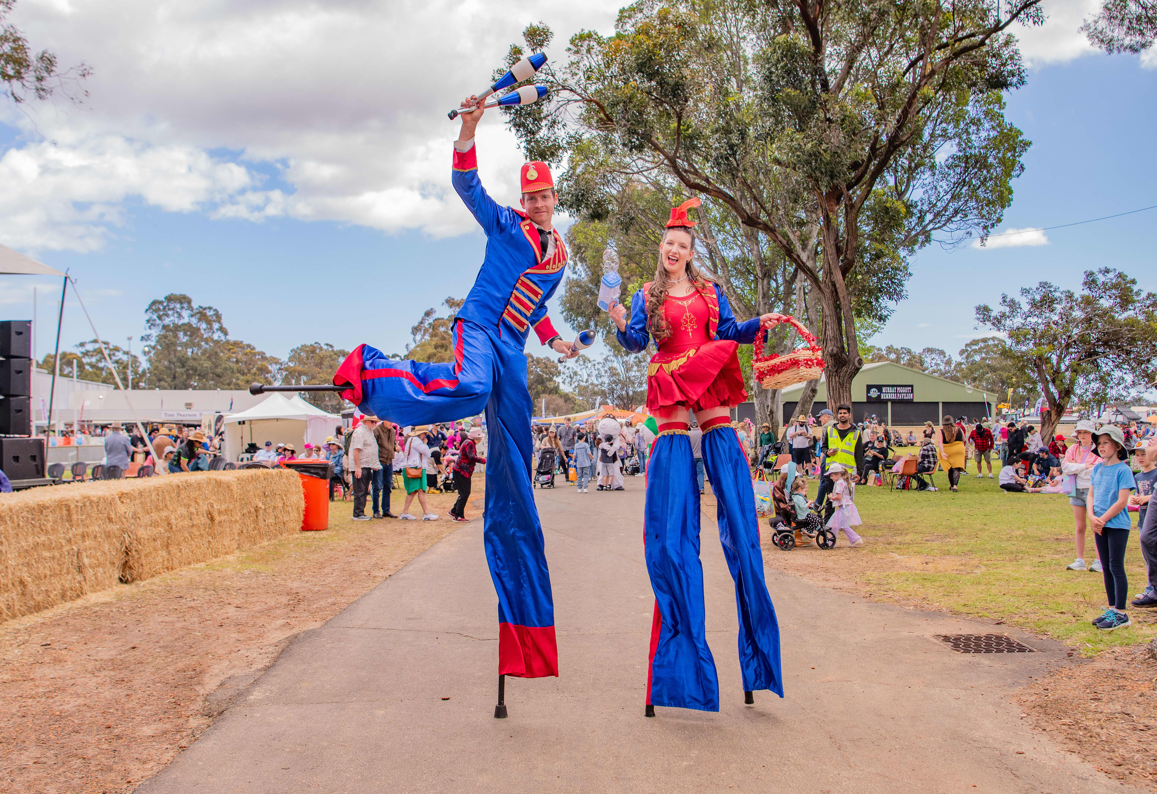 A male and female in bright red and white costumes standing on tilts with hay bales and guests roaming in the background.