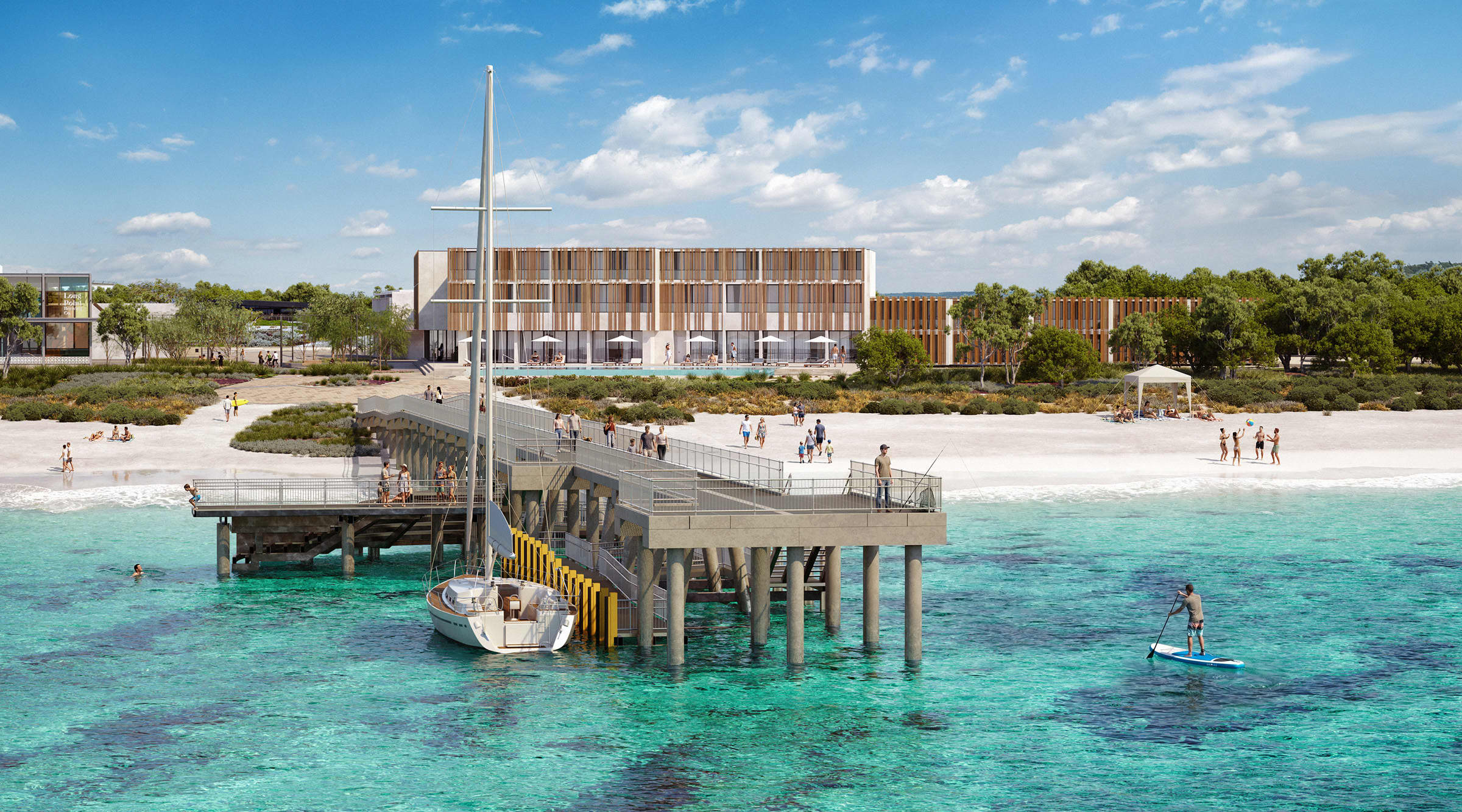 Artist impression of jetty with boat moored, person on a stand up paddleboard and beachgoers enjoying the ocean.