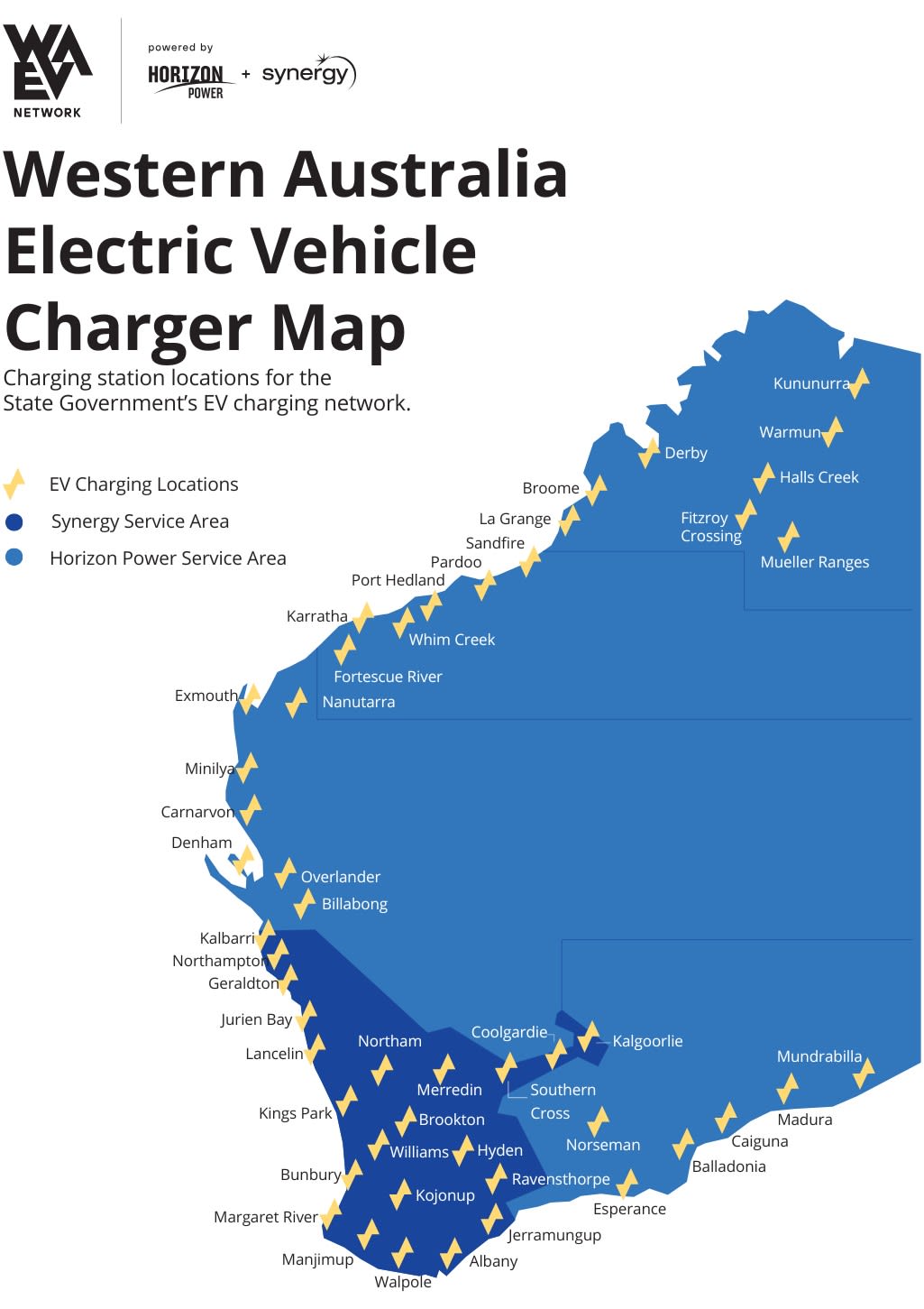 A map of the WA State Government's WA EV Network, showing charging stations around the state.