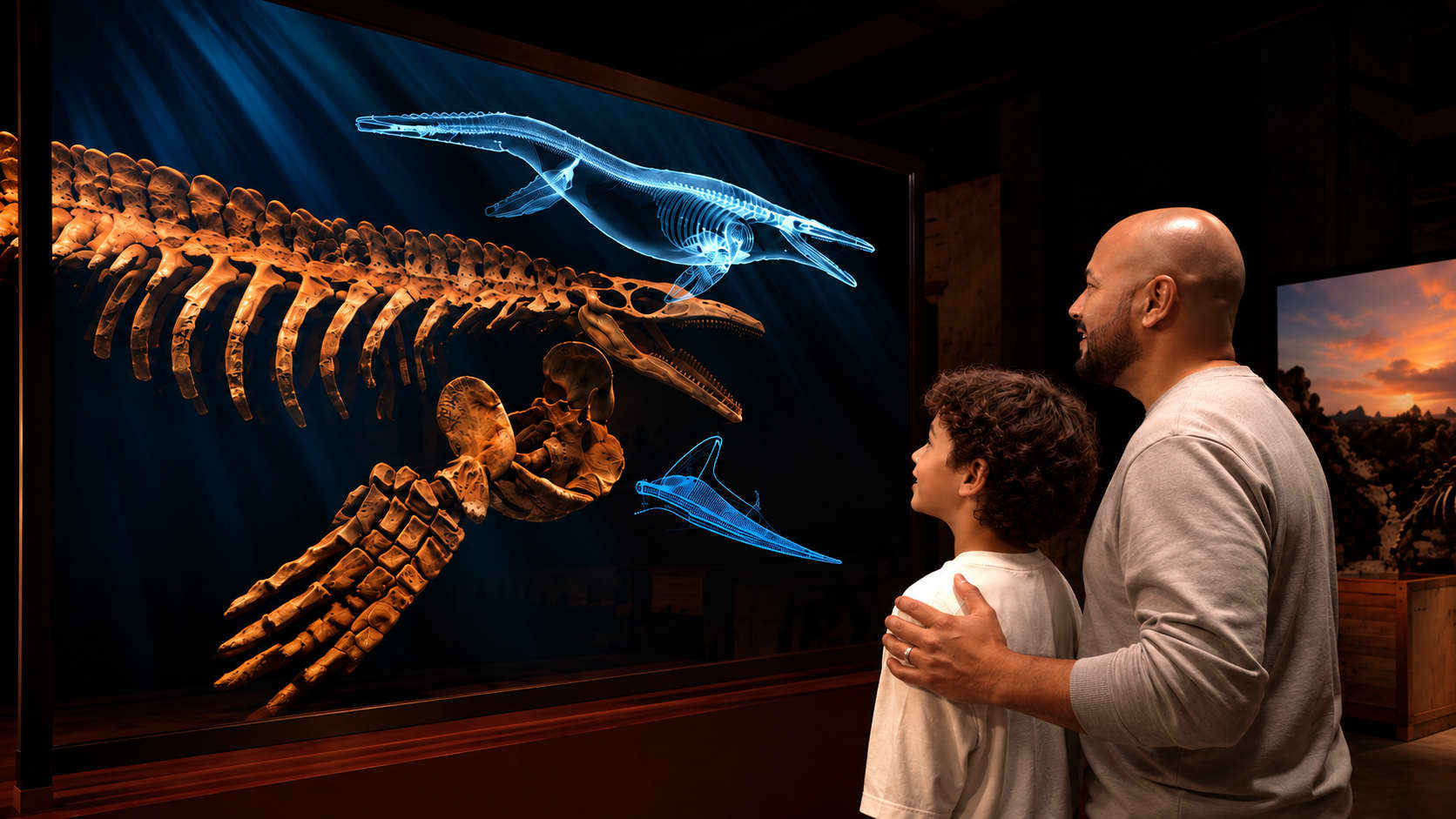A man and a boy looking at skeleton of dinosaur swimming.