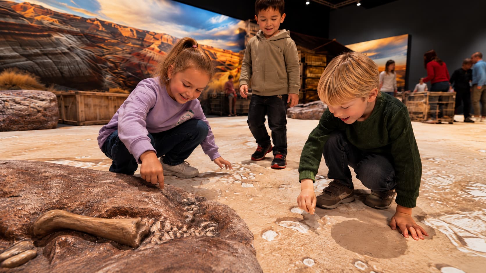 Three children playing with fingerprints in earth.