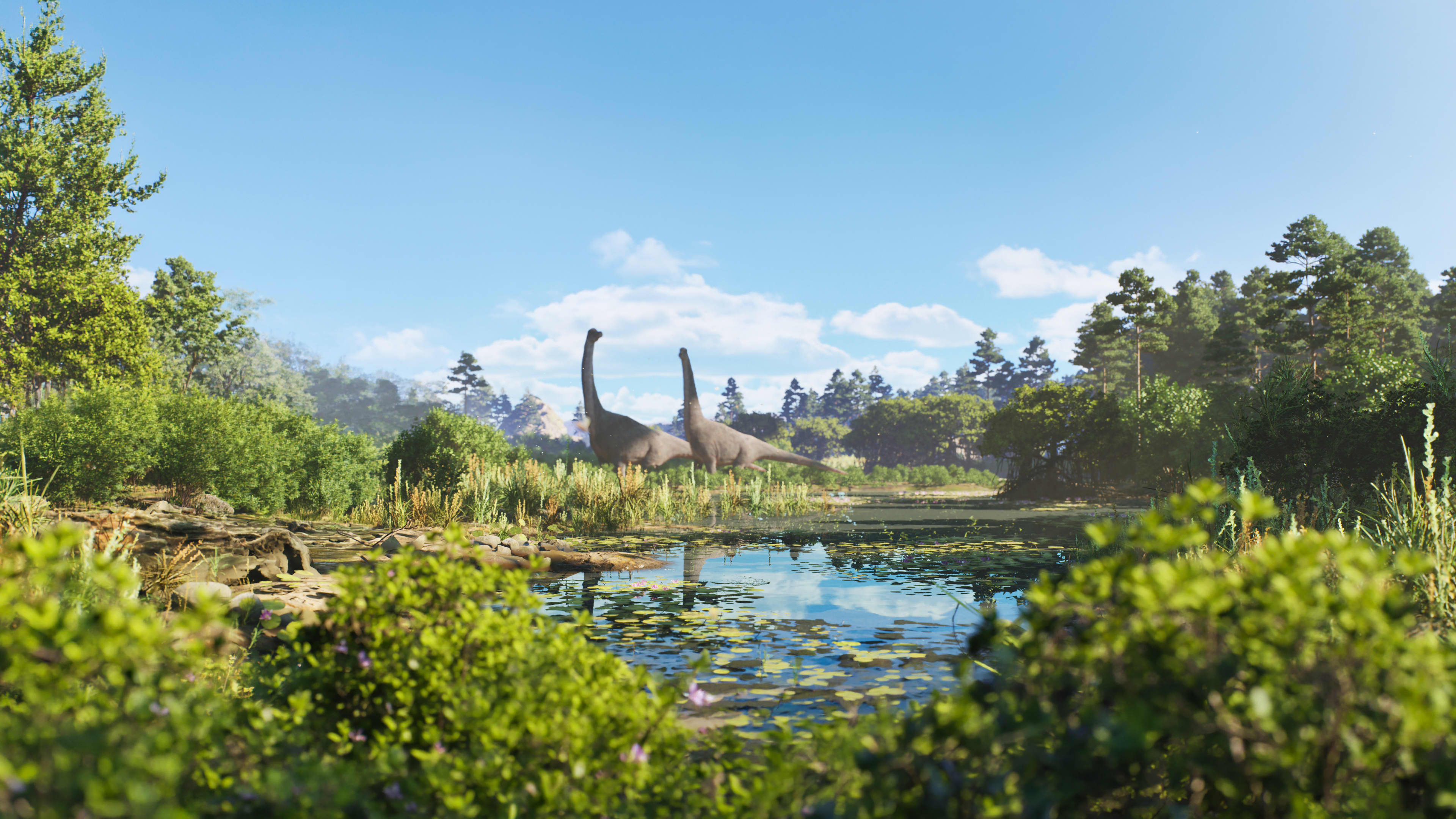 Two dinosaurs standing in forest with pond.