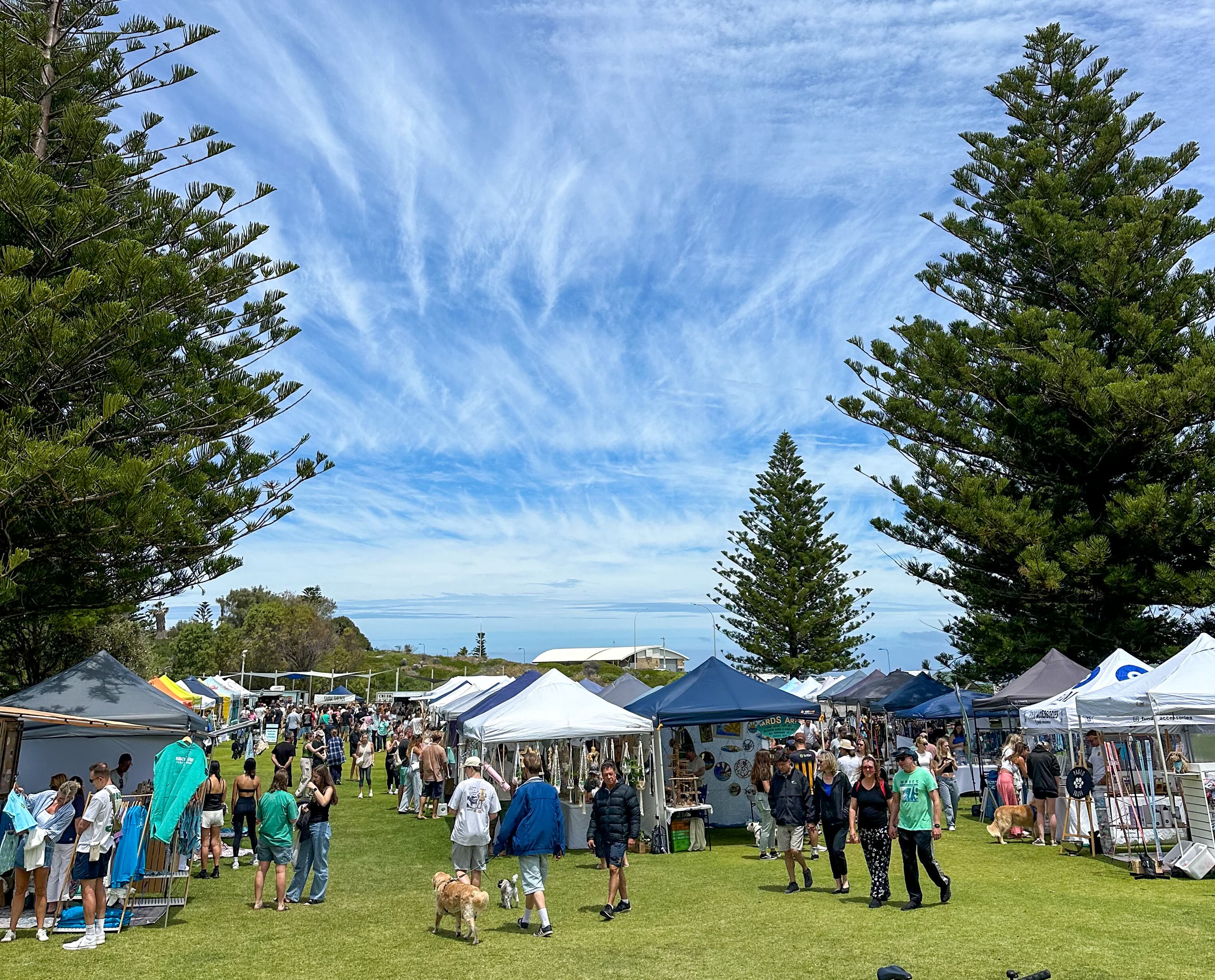 An outdoor community market setup features rows of white and blue pop-up vendors tents stretching along lush green lawn on the left side.
