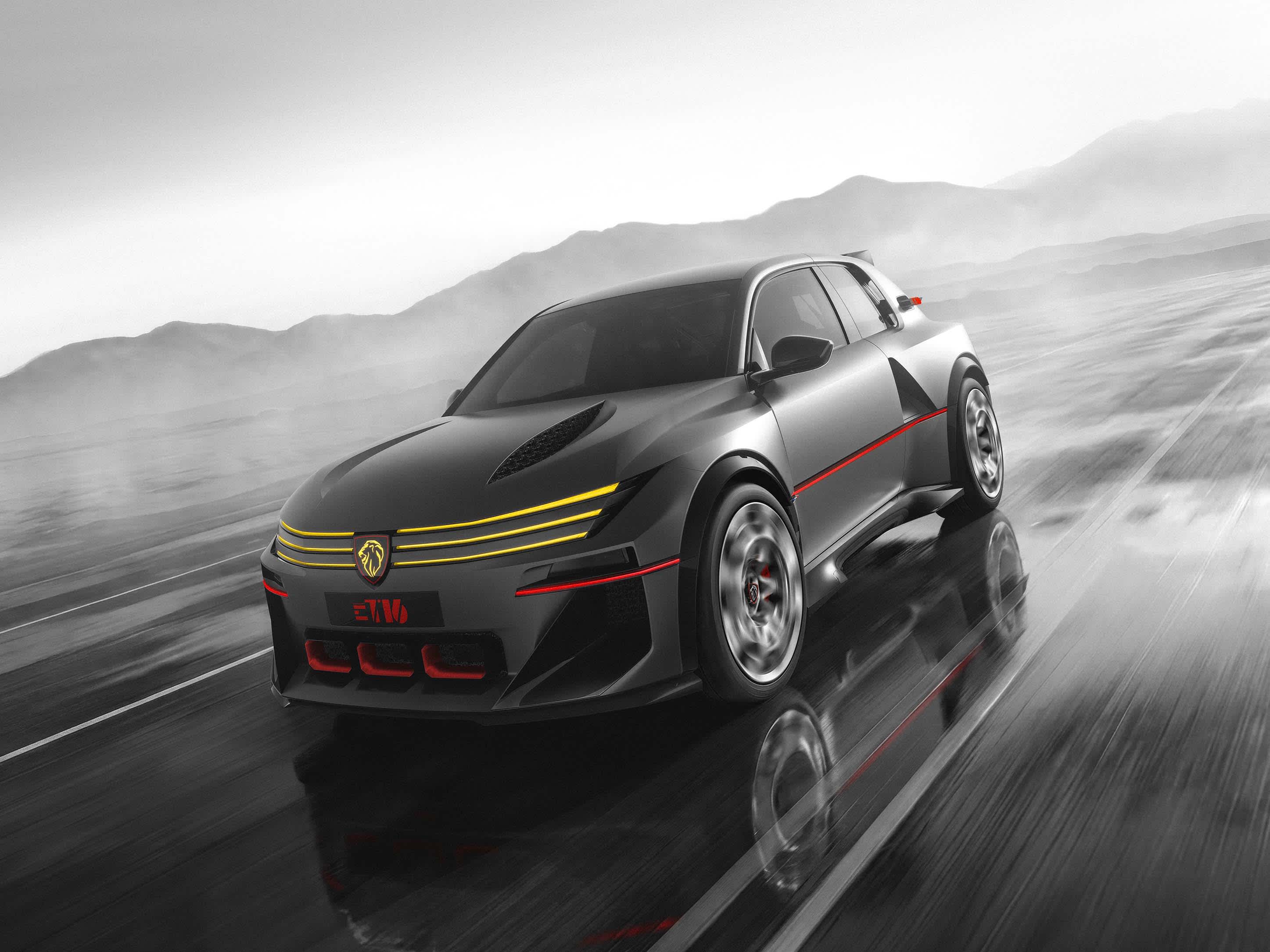 A futuristic looking black car with yellow strip headlights and red detailing driving along a wet bitumen road.