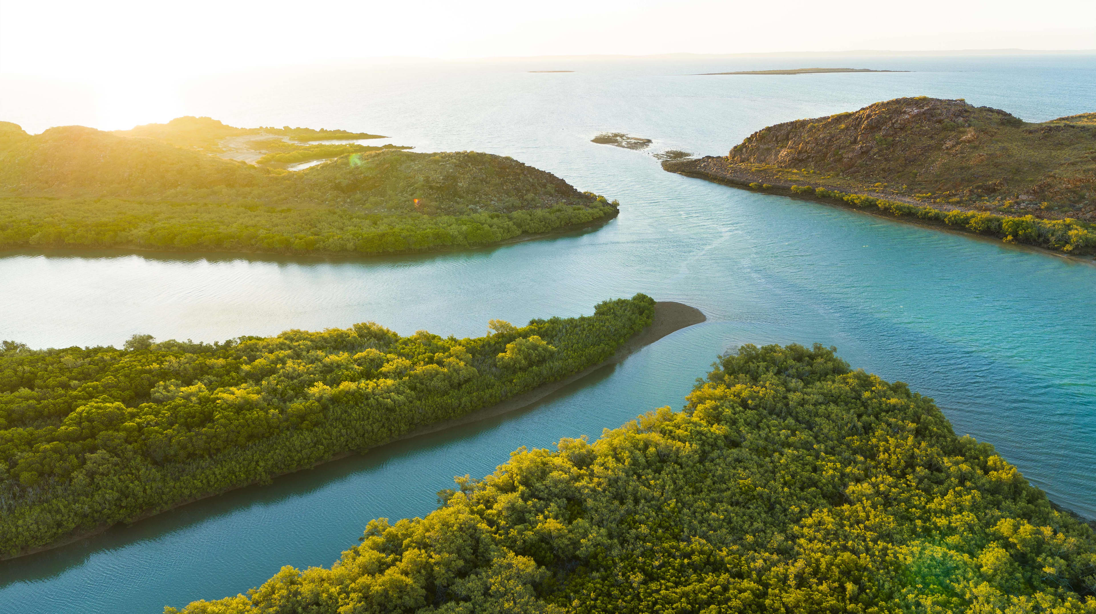 An aerial view of a rivermouth, showing blue water in the tributaries between green sections of land, with ocean in the background.