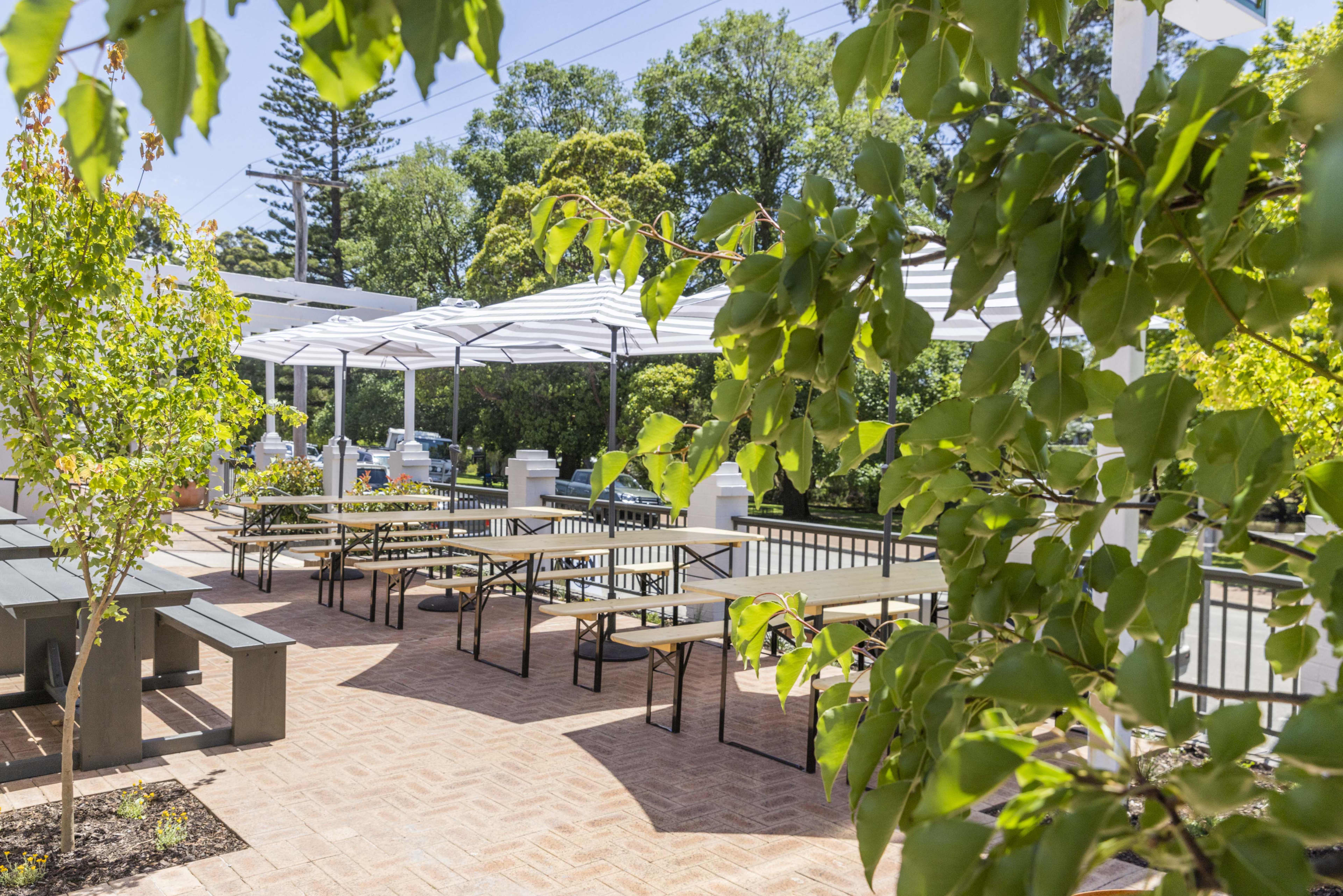 A pub beer garden, framed with green trees and with bench tables and light coloured umbrellas.