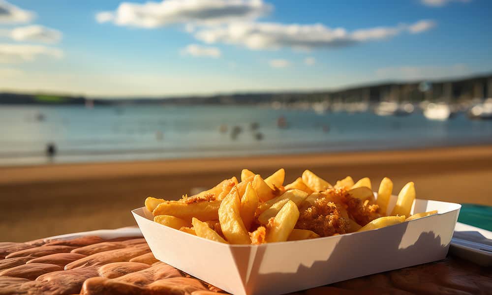 A carton of fish and chips with the beach in the background