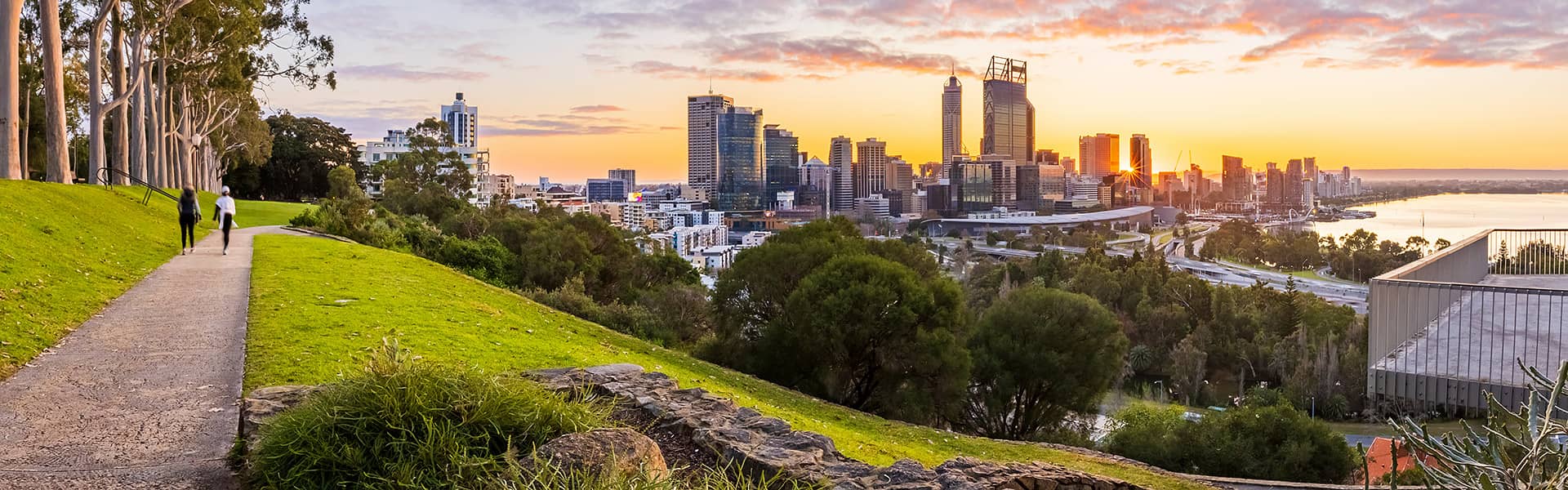 A view over Perth's CBD at sunset from Kings Park