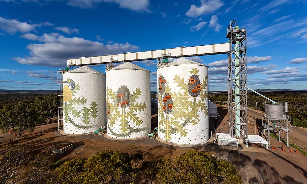 A close-up view of the painted grain silos in Ravensthorpe