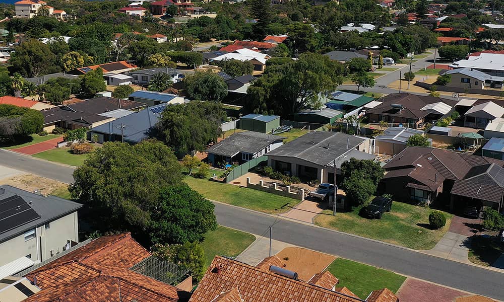 An aerial image of suburban streets in Perth