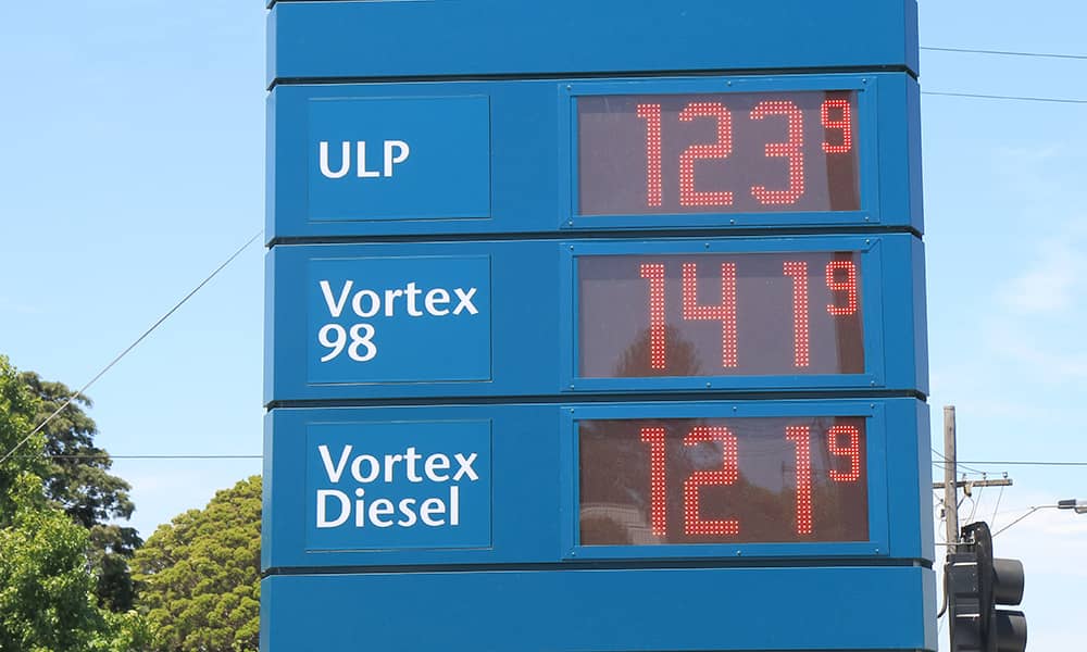 Prices on a petrol station sign