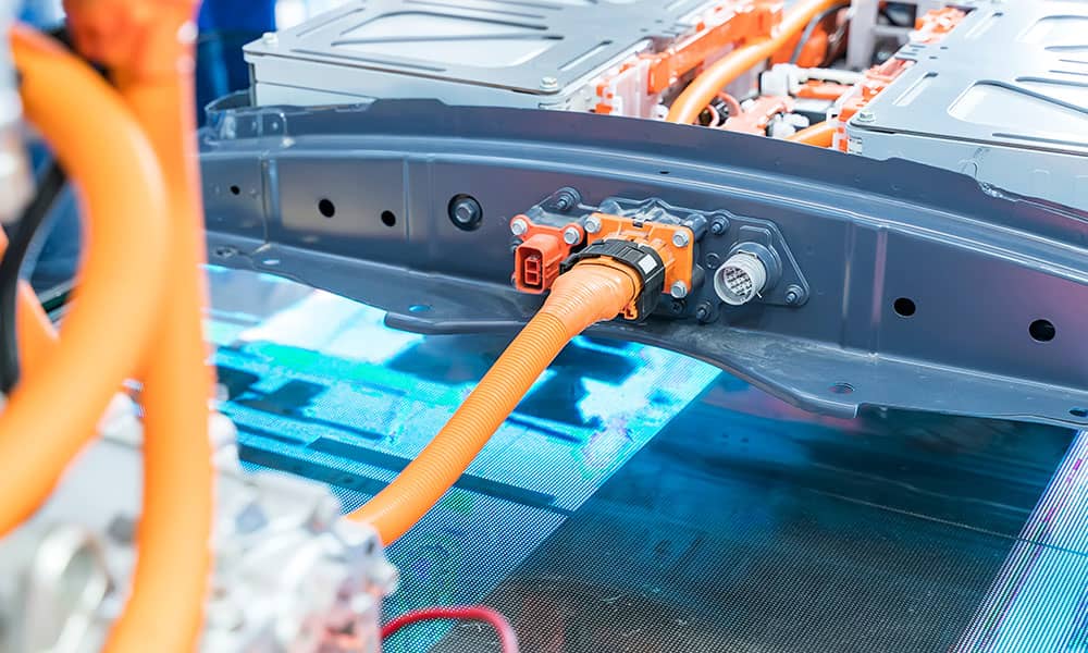 Close up of power connection and electric car battery pack