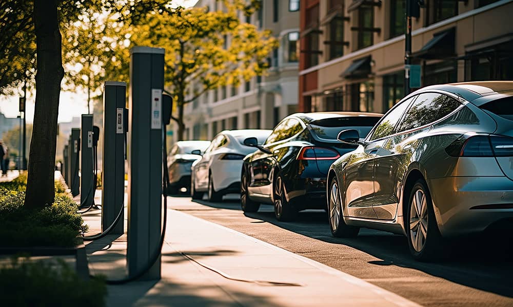 A row of electric car chargers on a city street