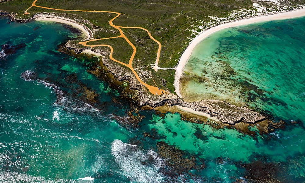 An aerial shot of Green Head on the coast of WA