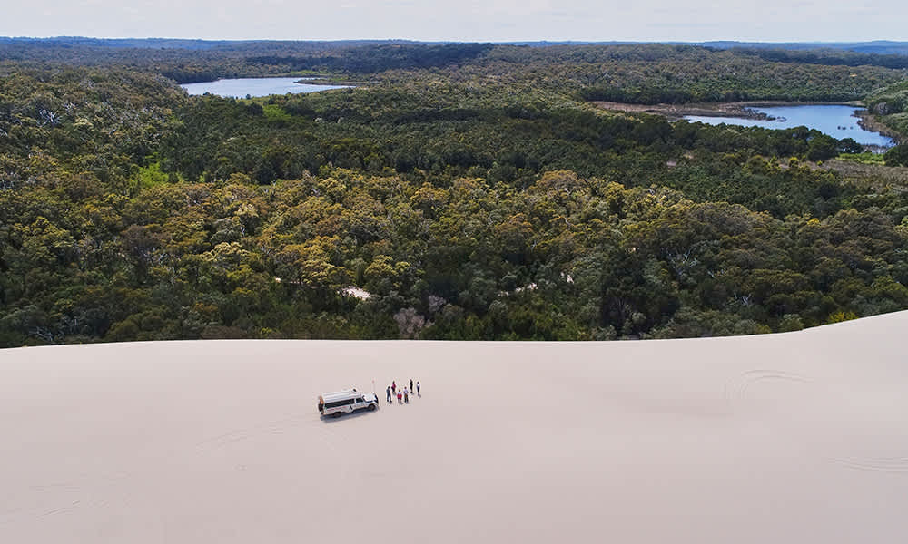 Car and people on sand dune