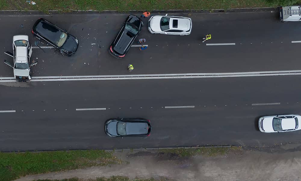 Aerial view of a crash scene on a regional highway