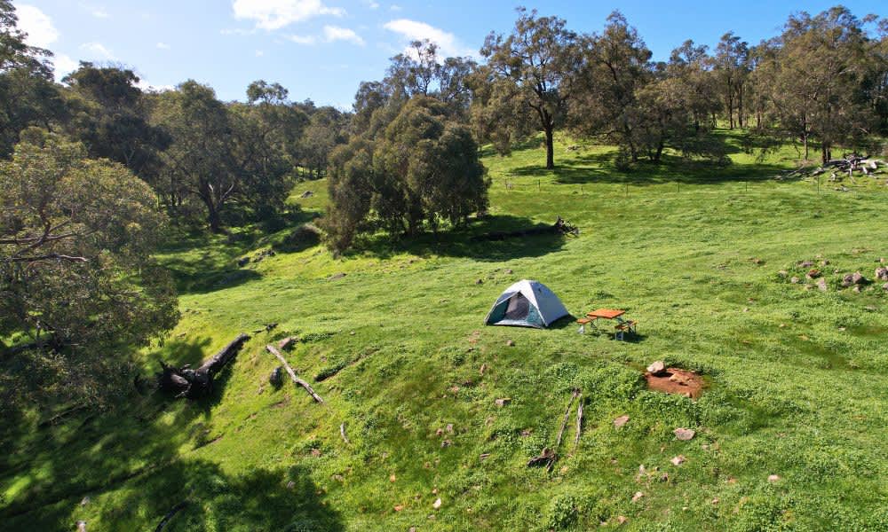 Small tent set up on green countryside
