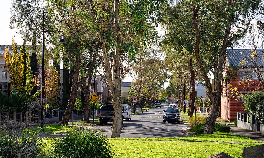 A wide view of a suburban street with cars parked in front of homes