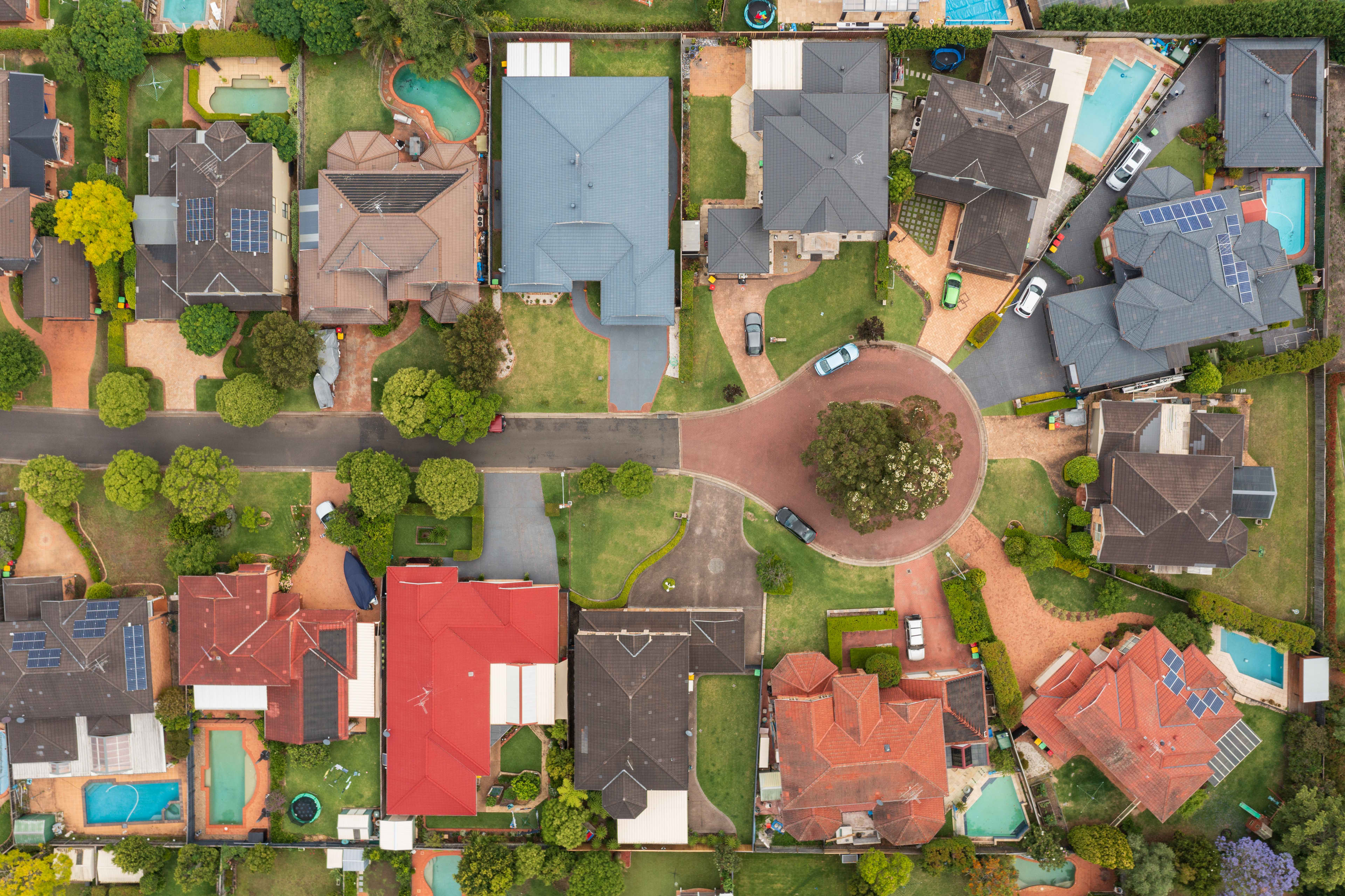 Aerial view of cul de sac in Kellyville, Sydney, Australia