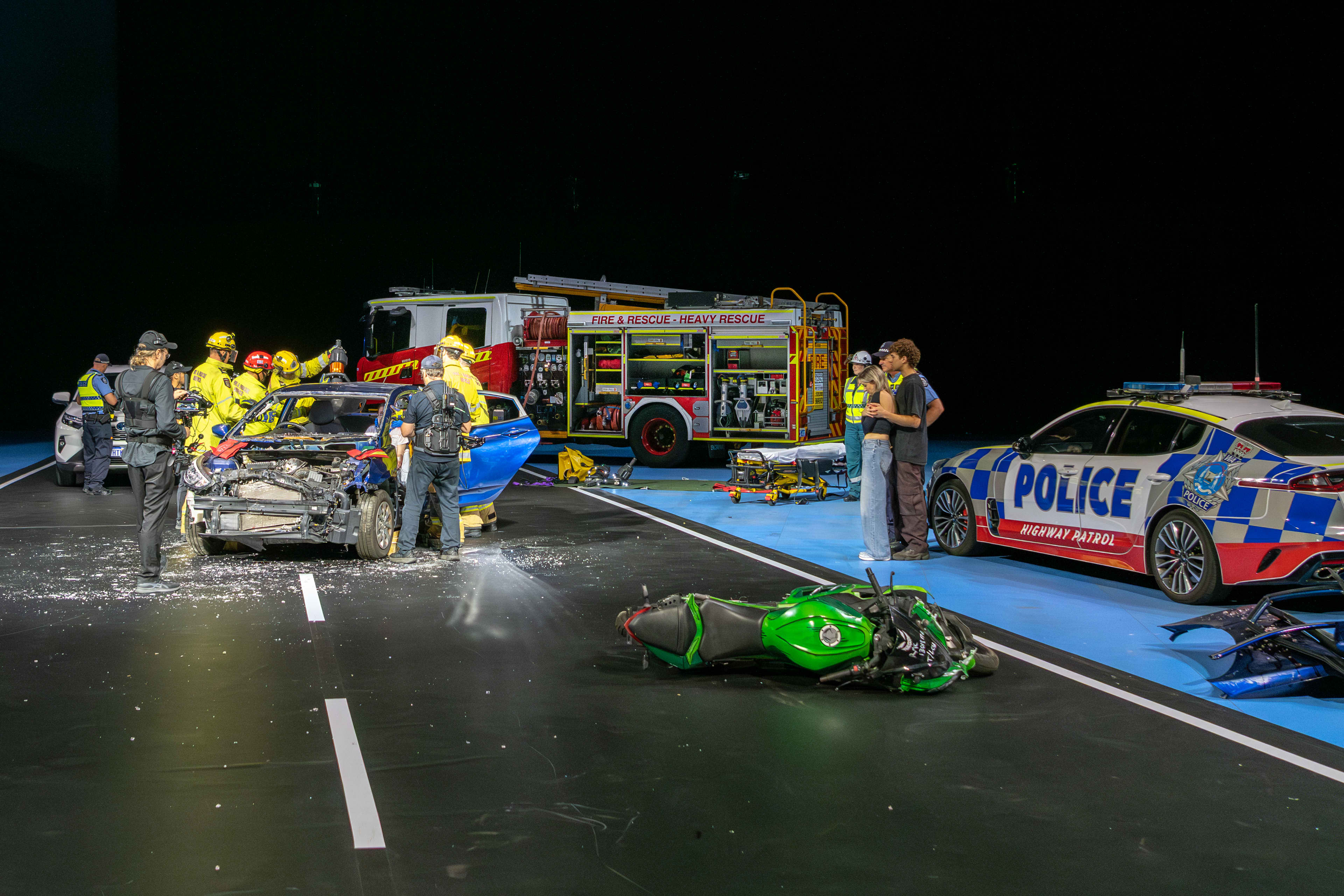 Re-enactment of emergency services responding to a car crash.