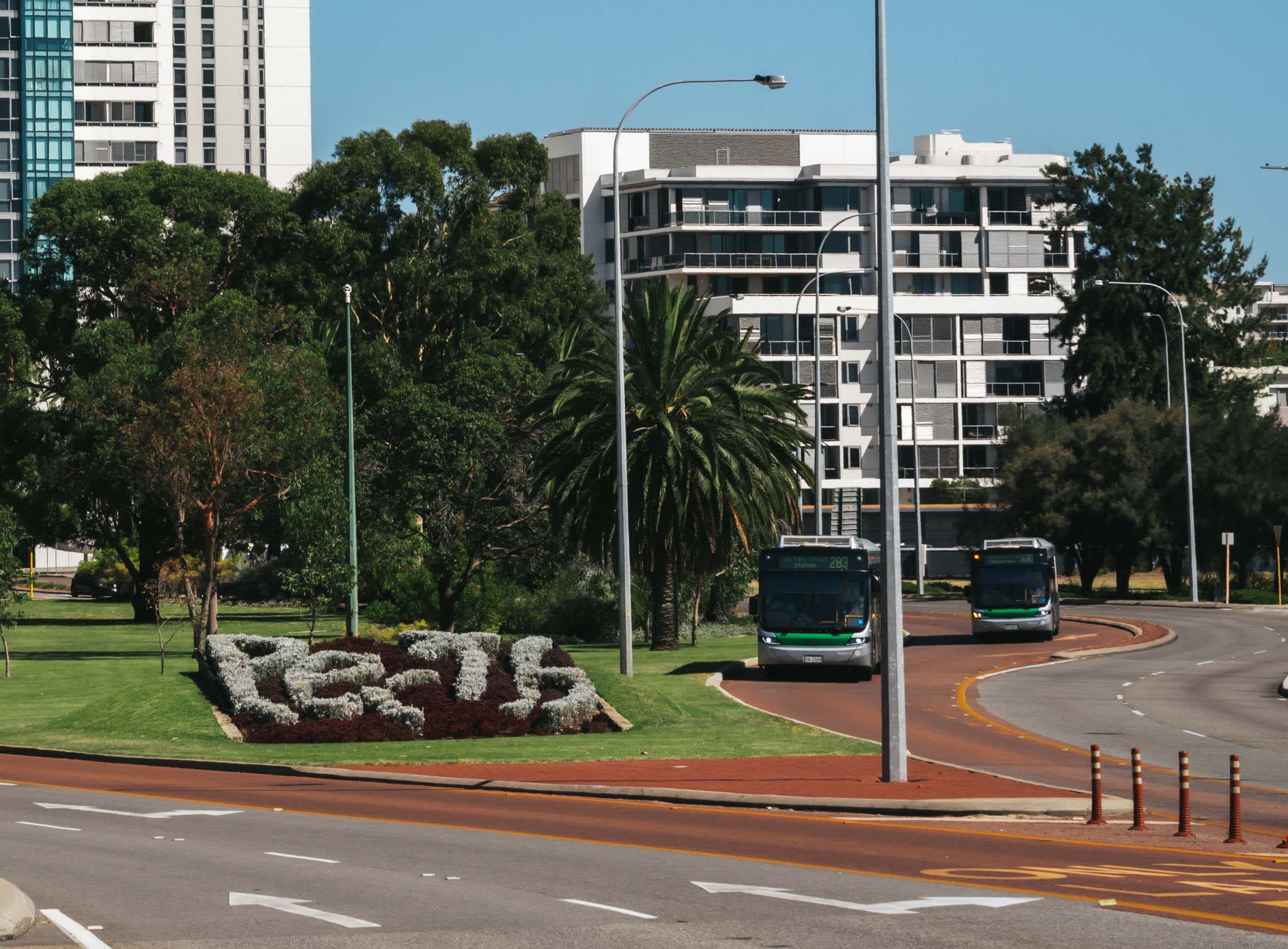 Two buses in a bus lane in Perth's CBD