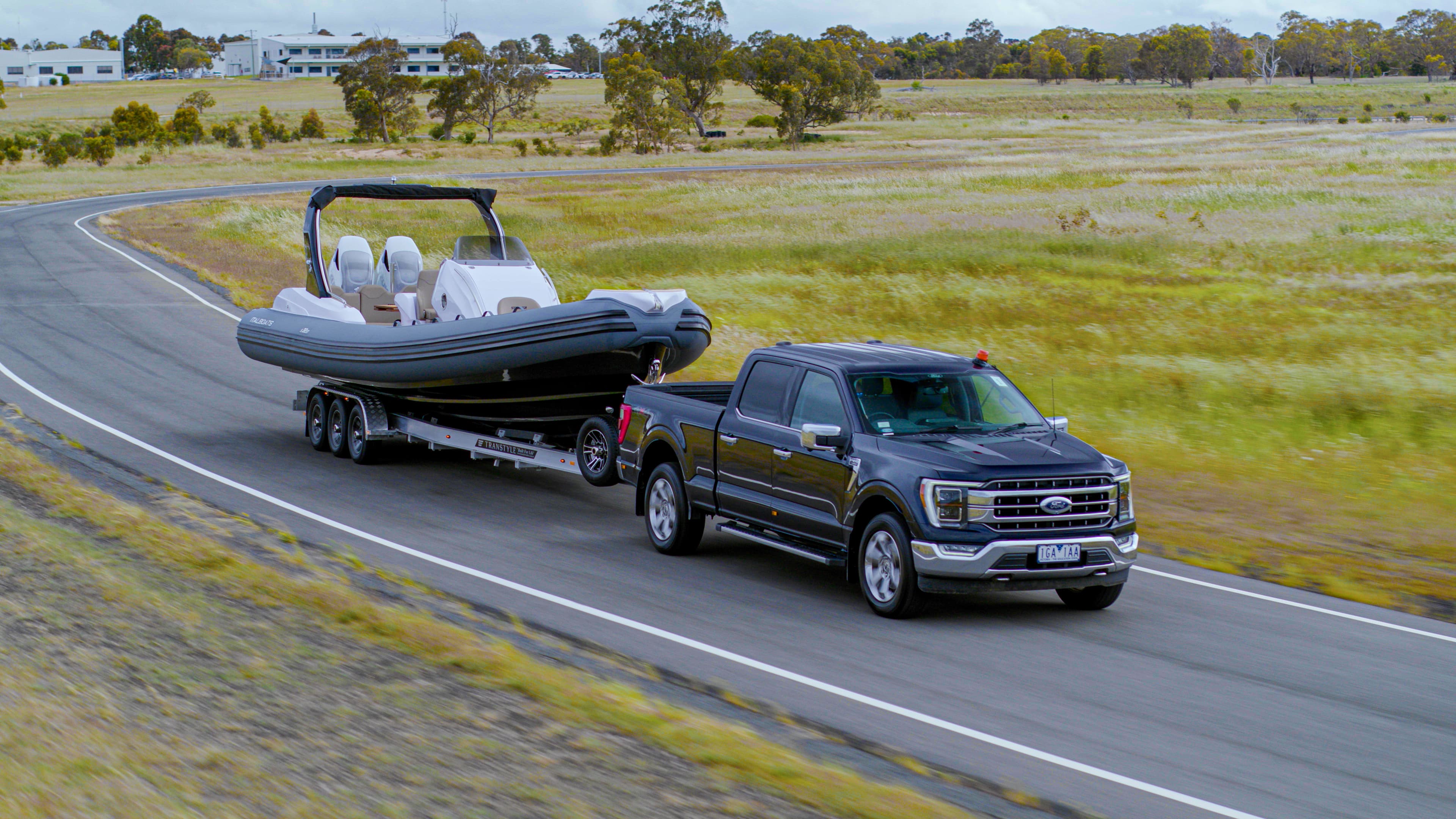 A Ford F150 tows a boat