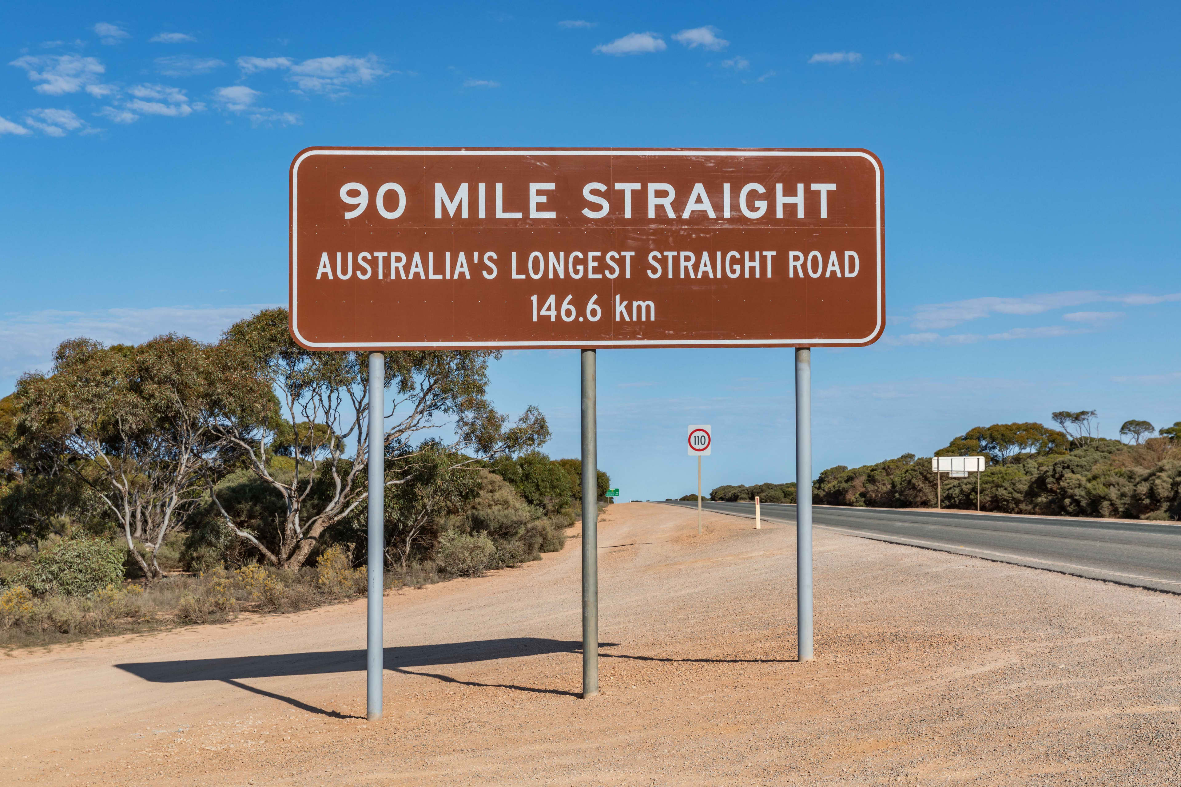 The iconic 90 Mile Straight sign on the Nullarbor