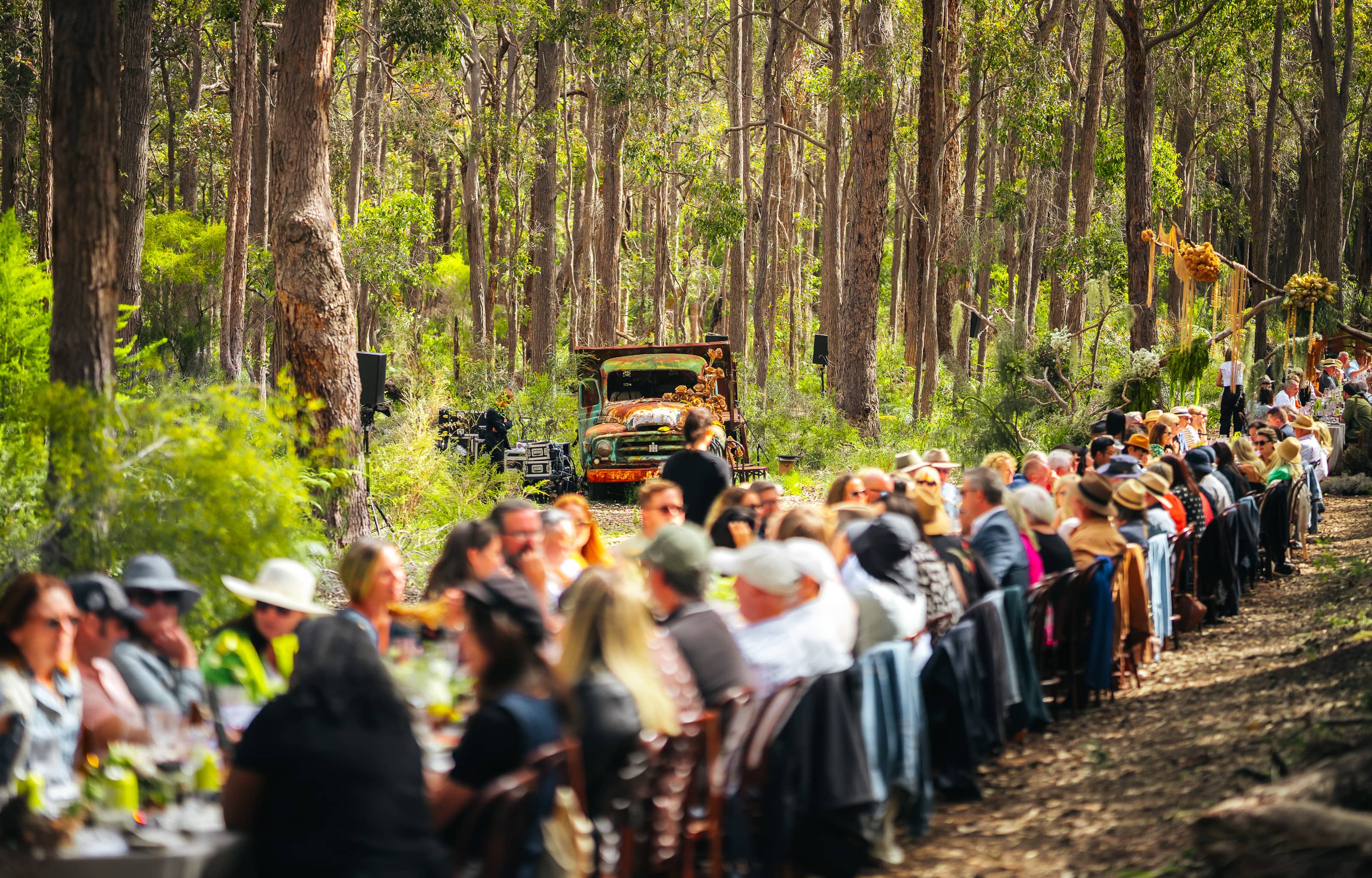 A group of people at a long table lunch in a forest setting