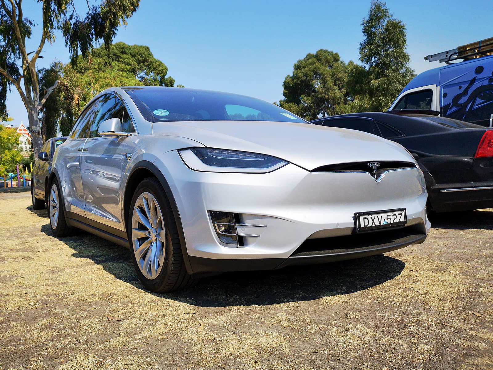 A parked Tesla electric car