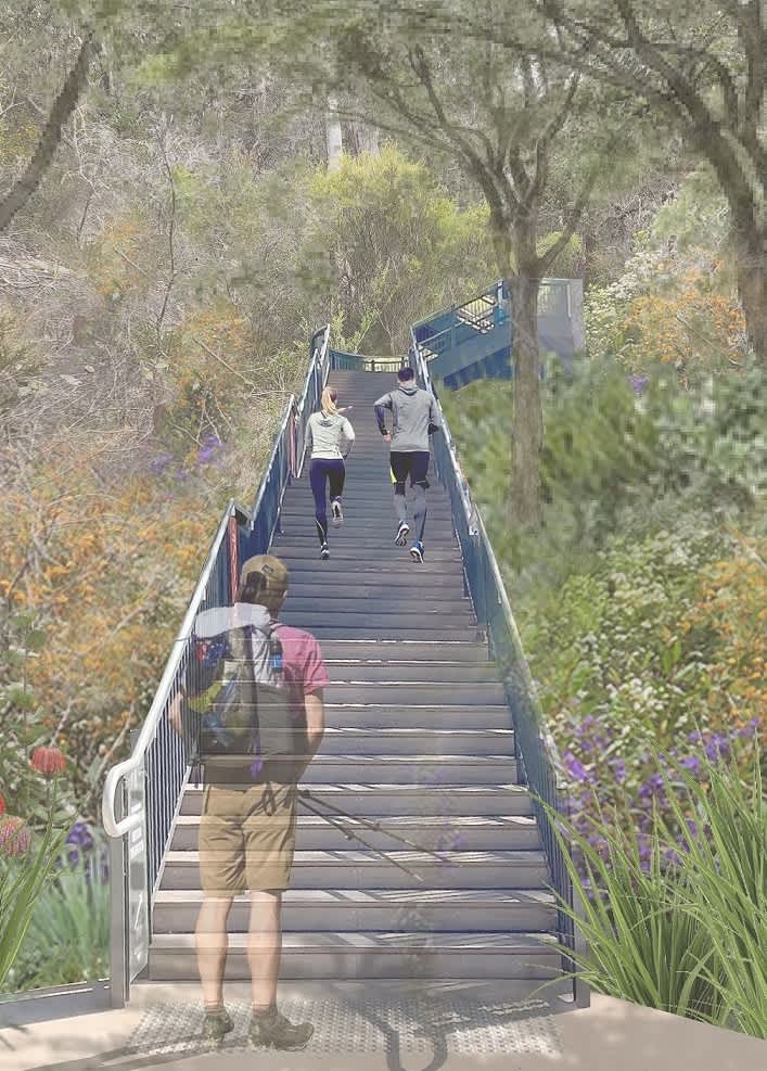 Artist impression of couple running up outdoor staircase surrounded by bushland and hiker with poles about to start the climb