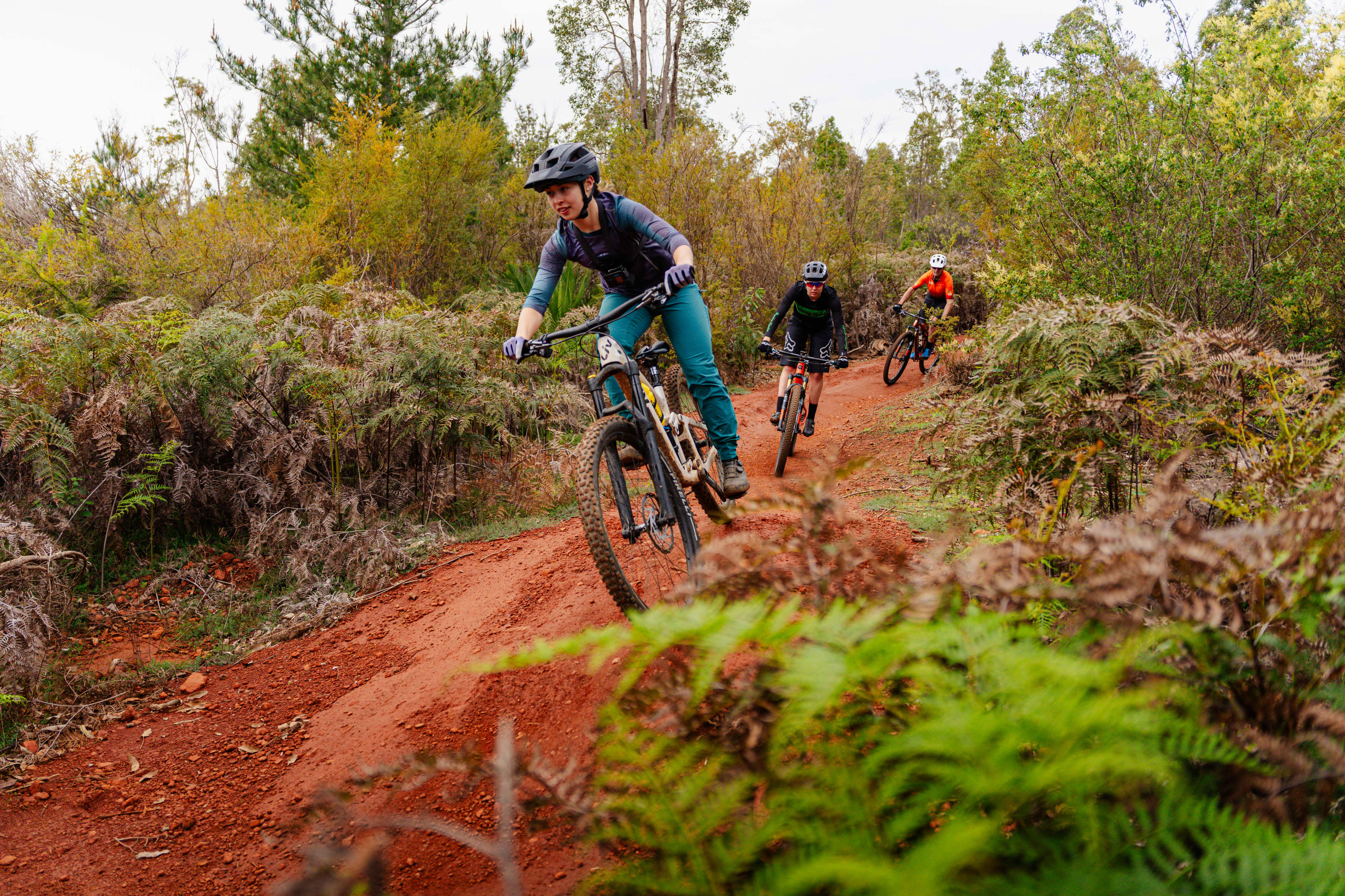 Group of people riding mountain bikes through red dirt trails and trees