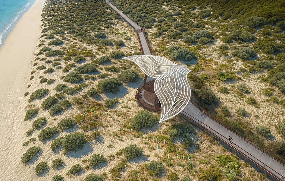 Artist impression of whale tail in concept design for new coastal boardwalk in dunes