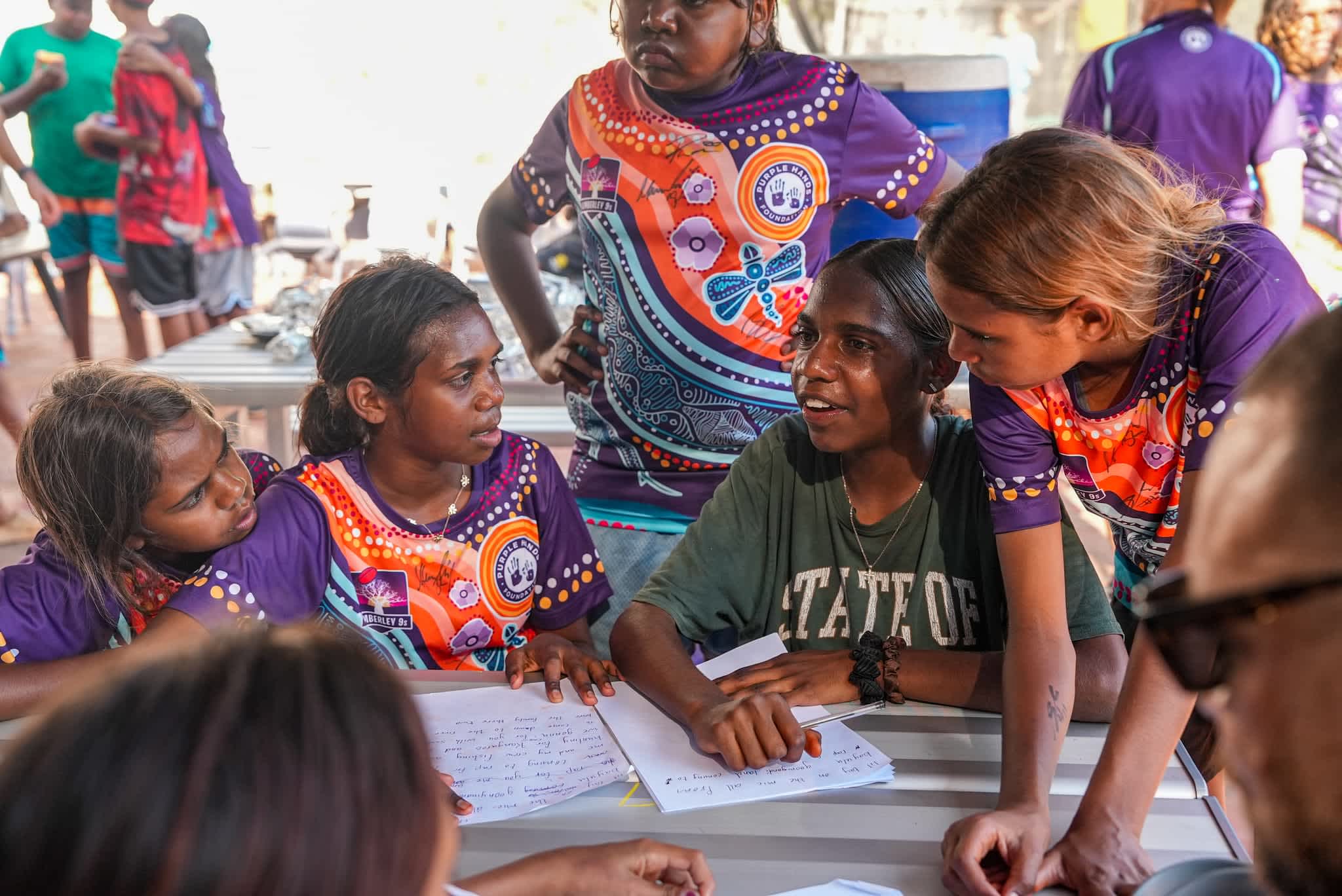 Students gathered around a desk working on a group assignment.