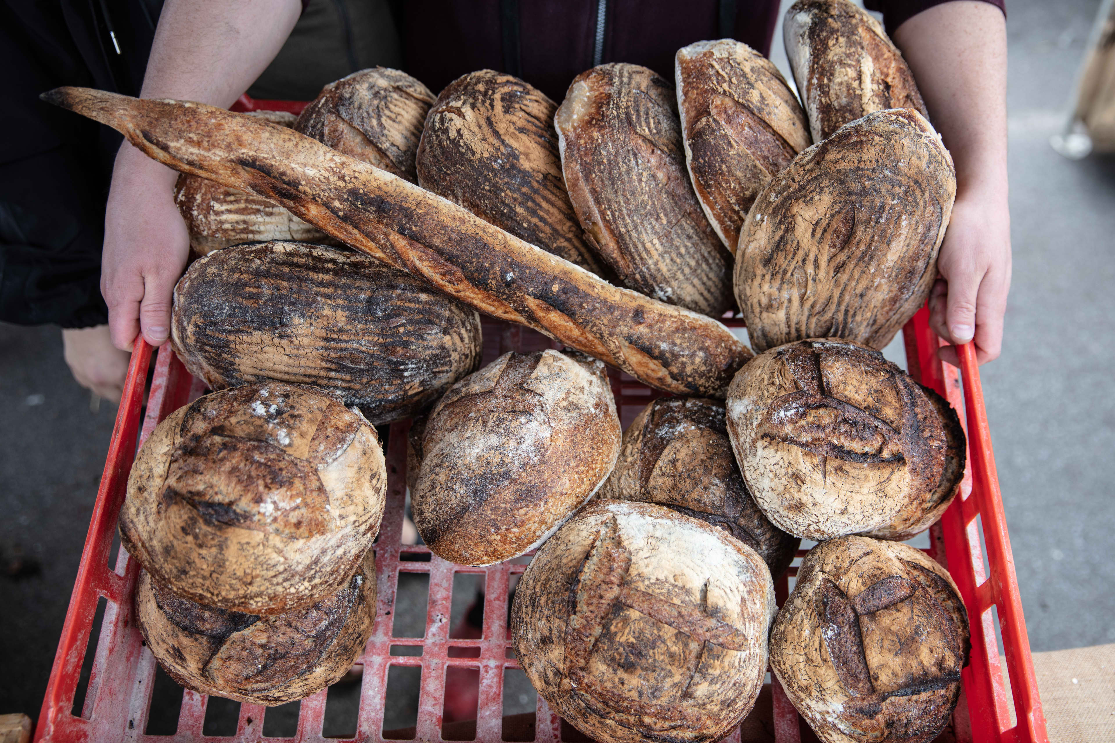 An image of various loaves of bread sitting in a red crate.