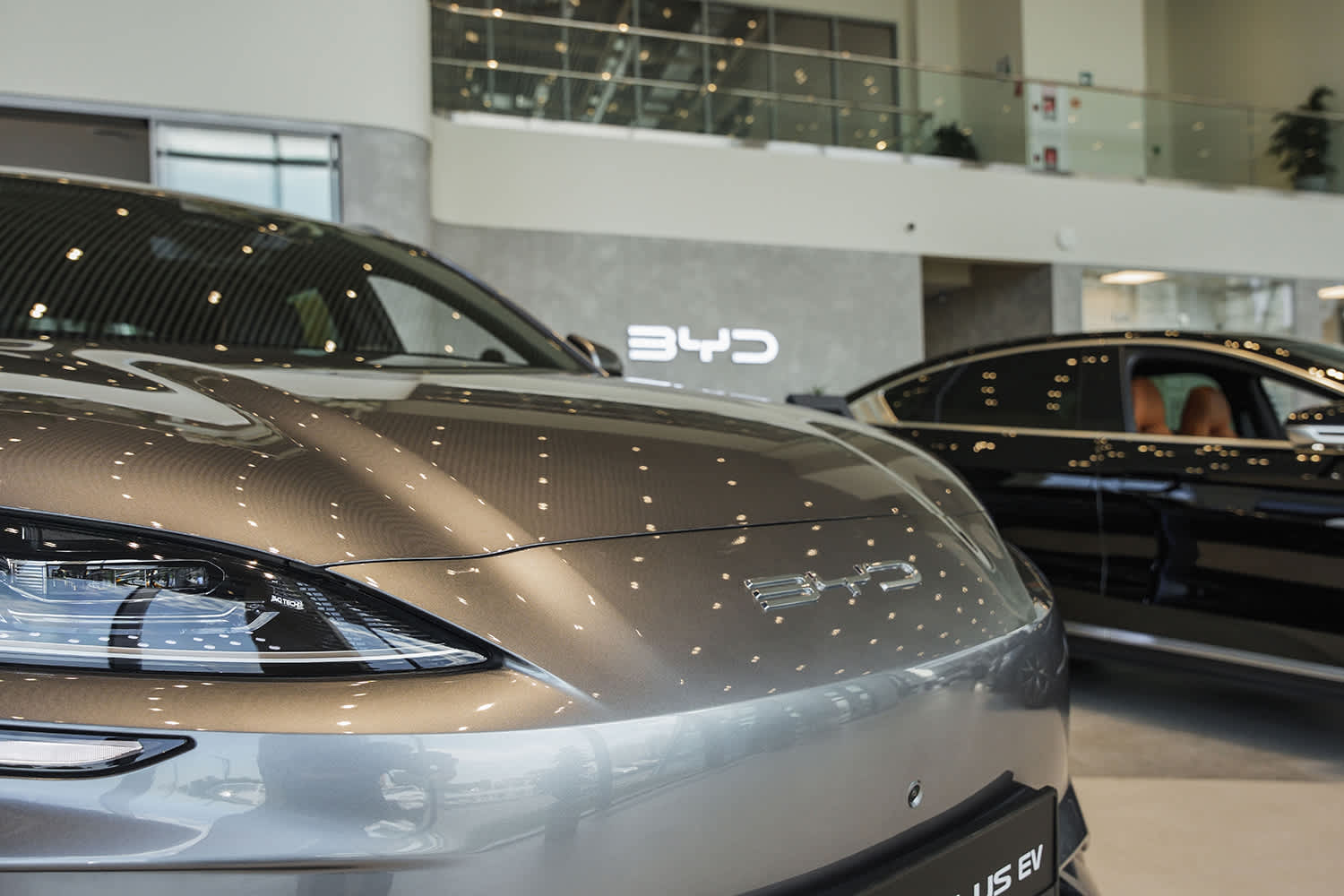 A close up of a BYD EV in a dealership