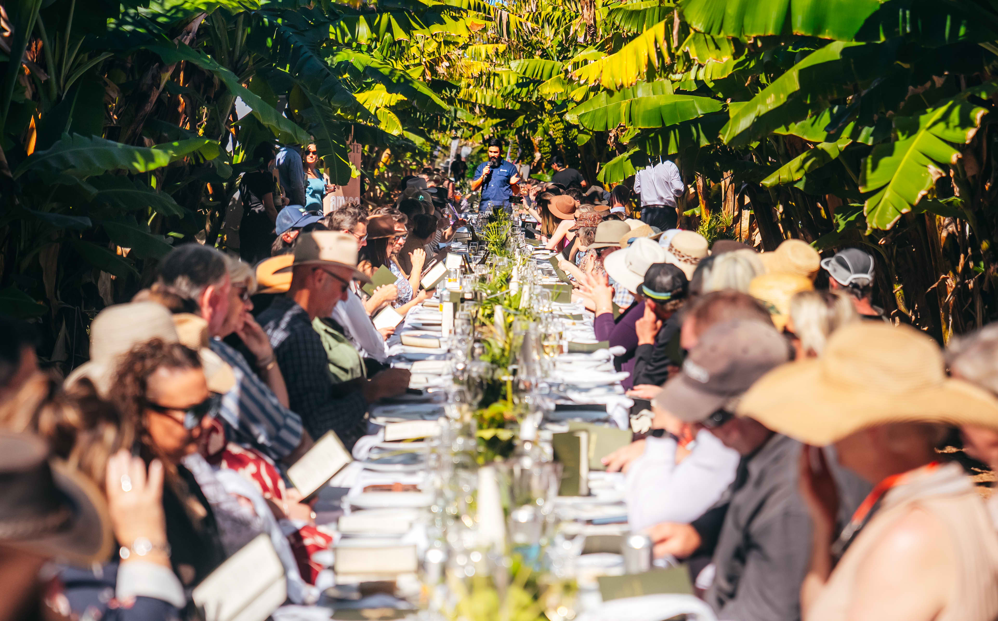 A ground-level, eye-length perspective shows a large group of people seated along an exceptionally long dining table stretching down a path inside a lush banana plantation. The guests, many wearing sun hats, sit facing each other down the length of the table, while a speaker stands at the far end under a canopy of vibrant green banana leaves.