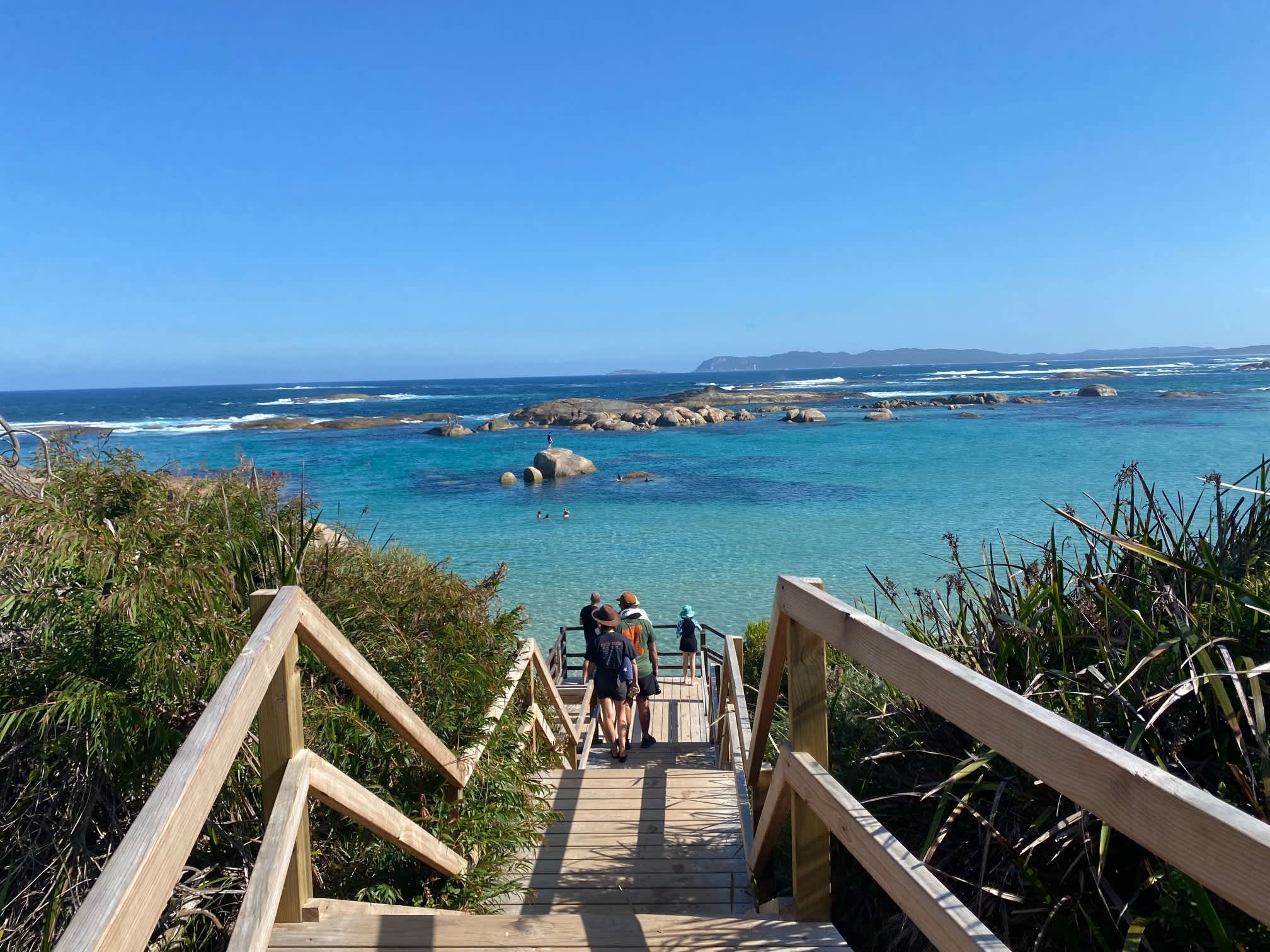 Stairs surrounded by bushland leading down to beach.